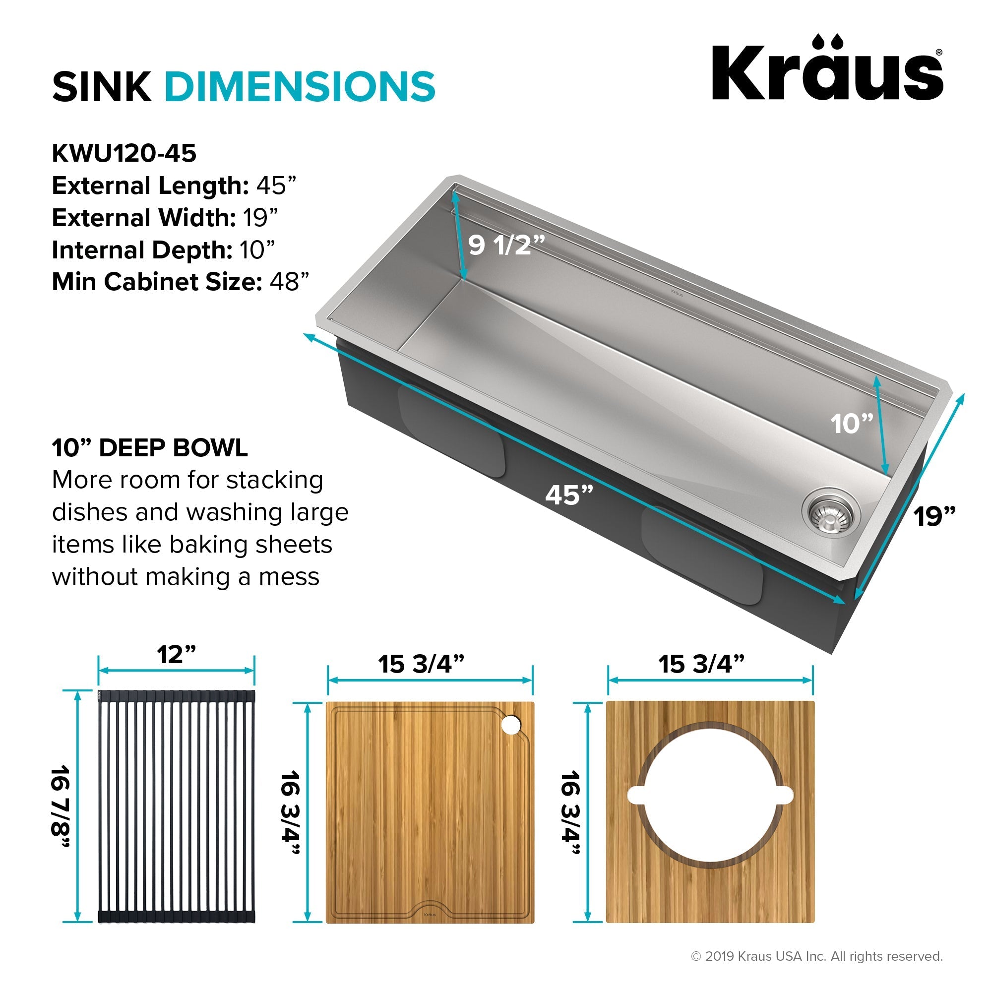 KRAUS Kore 2-Tier Workstation 45" Undermount 16 Gauge Single Bowl Stainless Steel Kitchen Sink with Accessories-Kitchen Sinks-DirectSinks
