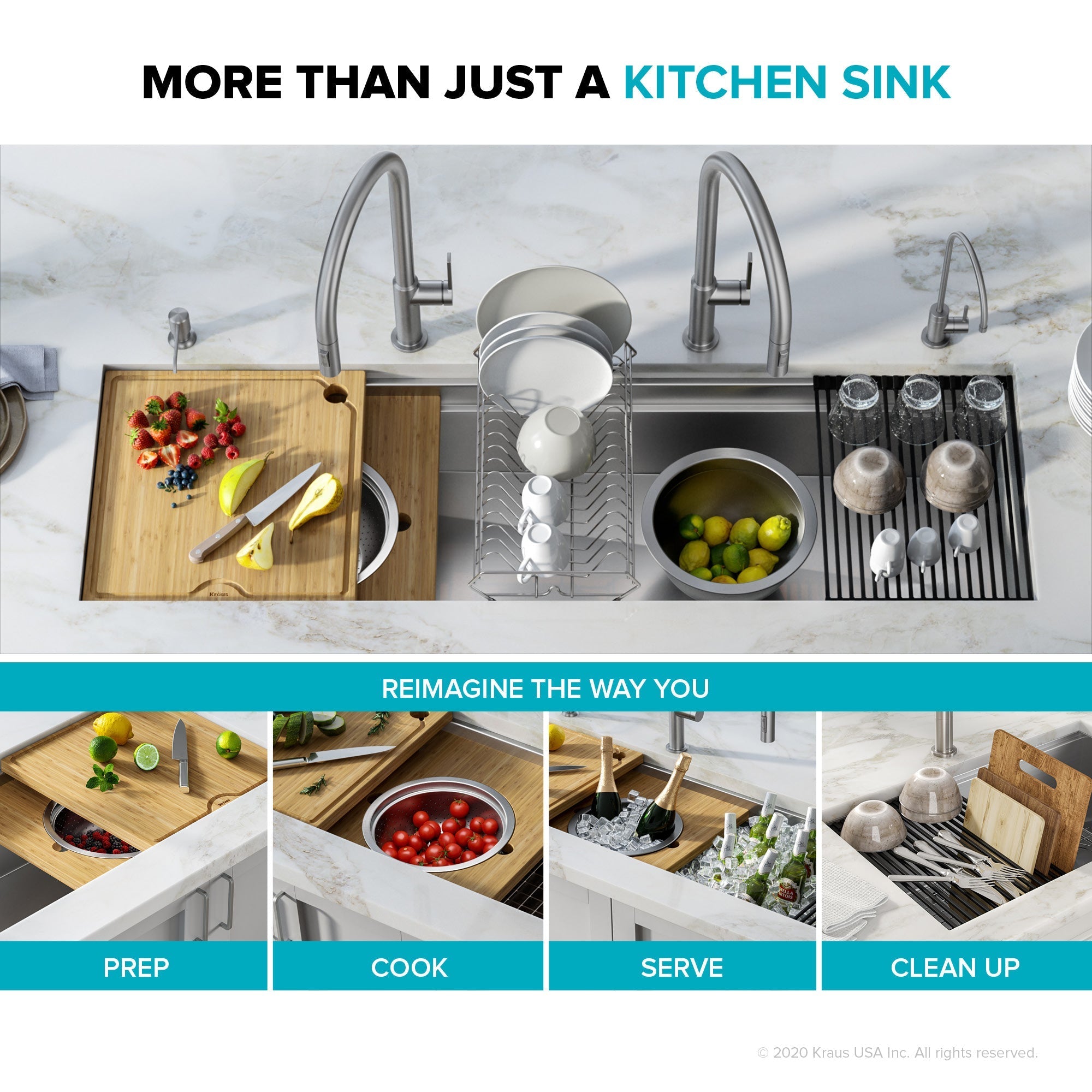 KRAUS Kore 2-Tier Workstation 57" Undermount 16 Gauge Single Bowl Kitchen Sink with Accessories-Kitchen Sinks-DirectSinks