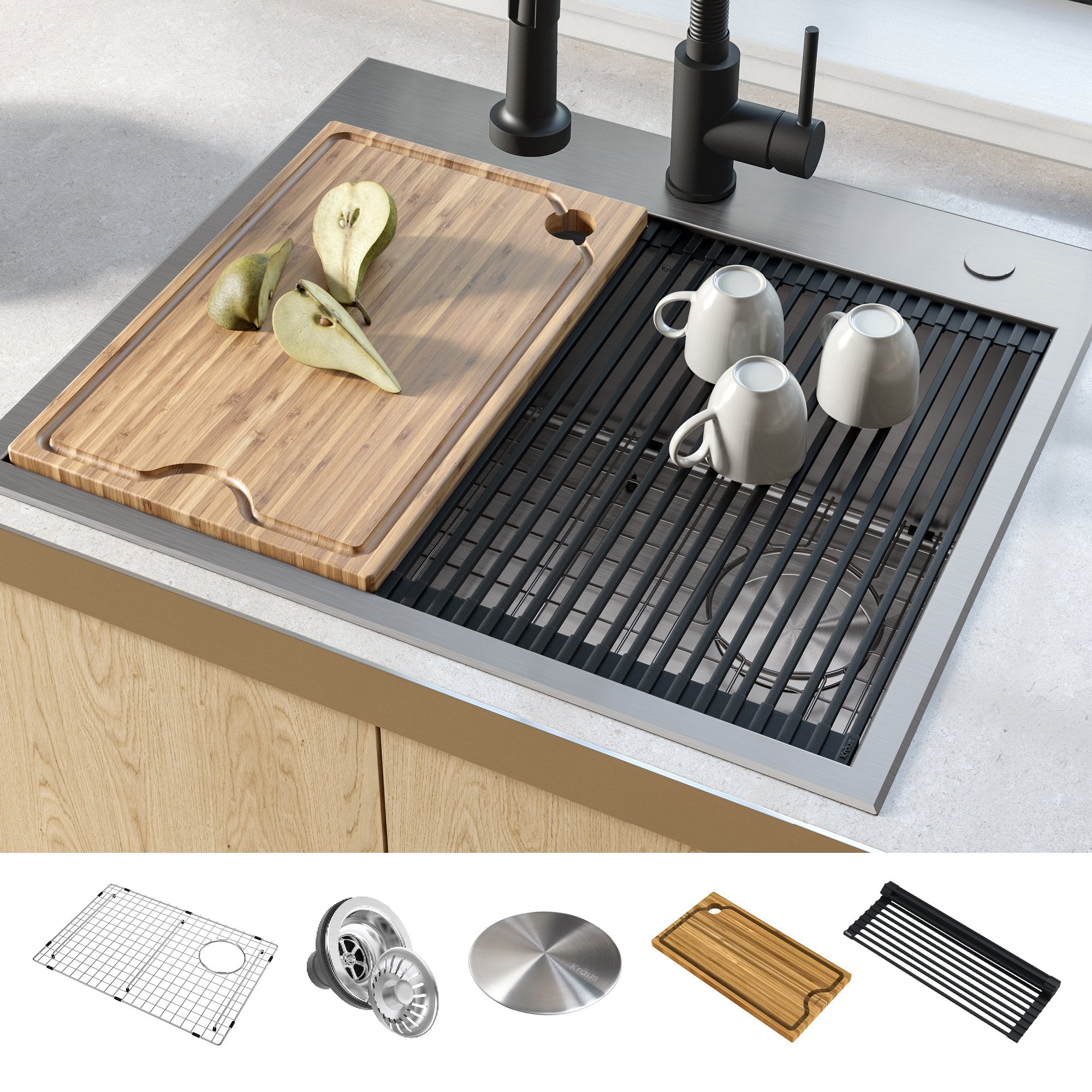 KRAUS Kore Workstation 25-inch Drop-In or Undermount 16 Gauge Single Bowl Stainless Steel Kitchen Sink with Accessories-Kitchen Sinks-KRAUS