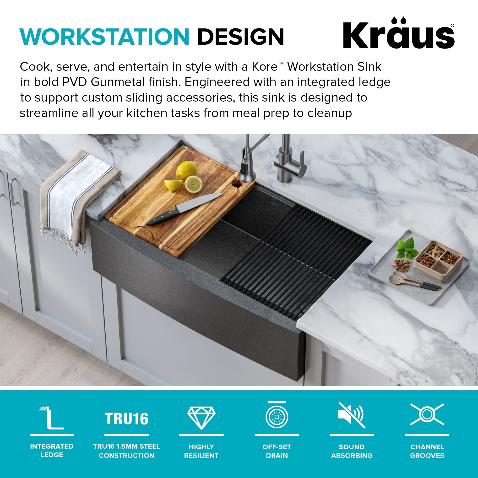 KRAUS Kore Workstation 33" Farmhouse Apron Front 16 Gauge Single Bowl Kitchen Sink in PVD Gunmetal-Kitchen Sinks-DirectSinks