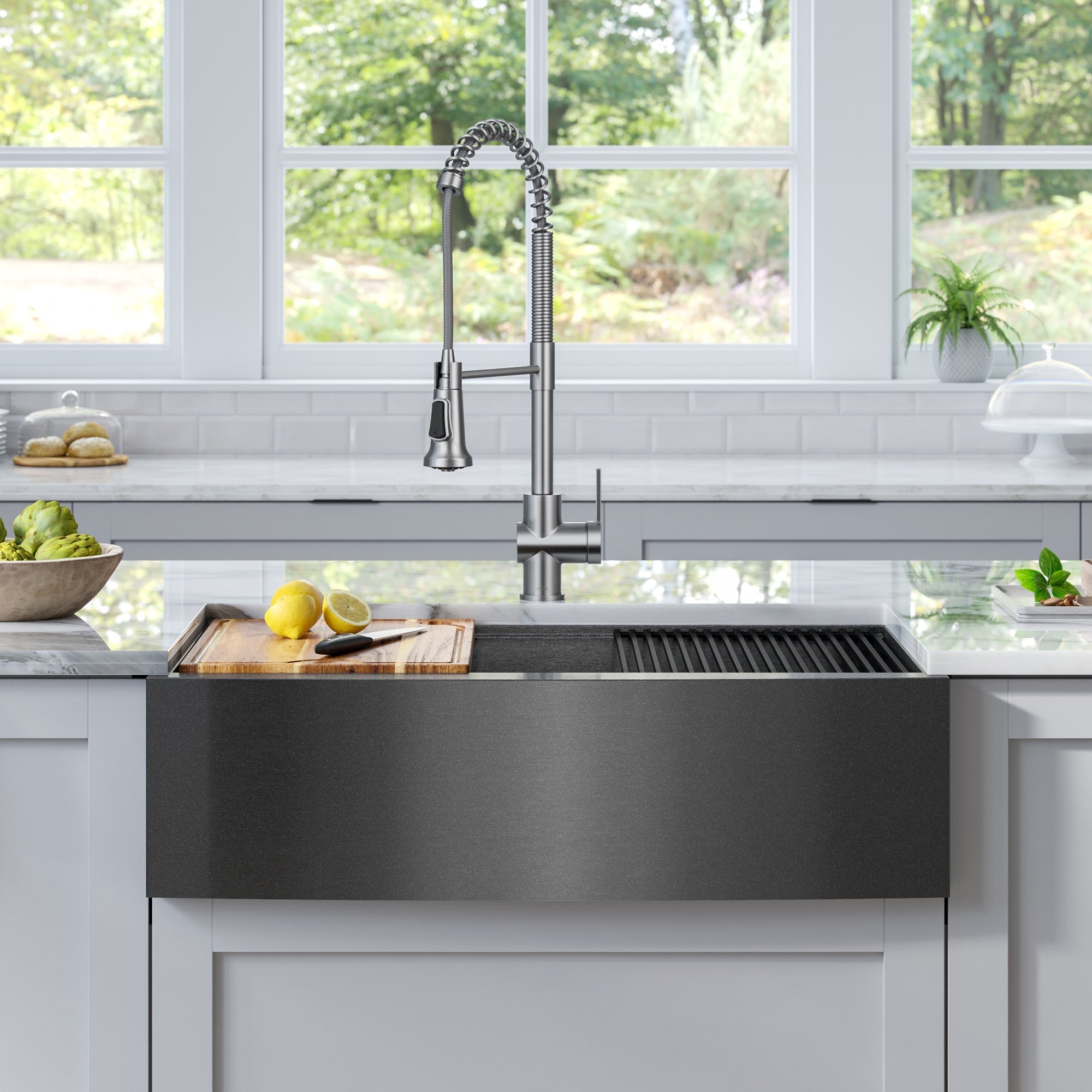 KRAUS Kore Workstation 33" Farmhouse Apron Front 16 Gauge Single Bowl Kitchen Sink in PVD Gunmetal-Kitchen Sinks-DirectSinks