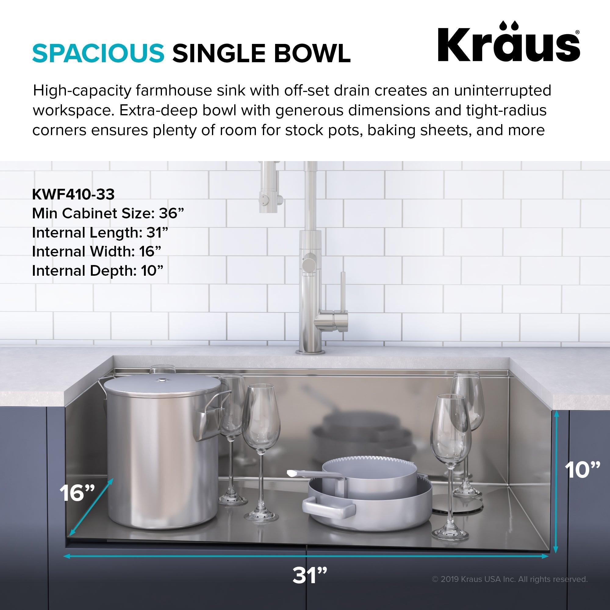KRAUS Kore Workstation 33" Farmhouse Flat Apron Front 16 Gauge Single Bowl Stainless Steel Kitchen Sink with Accessories-Kitchen Sinks-DirectSinks