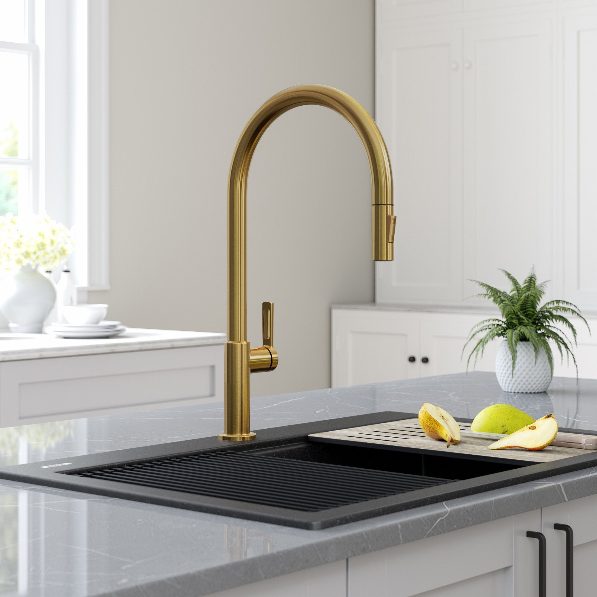 KRAUS Oletto High-Arc Single Handle Pull-Down Kitchen Faucet in Brushed Brass KPF-2821BB | DirectSinks