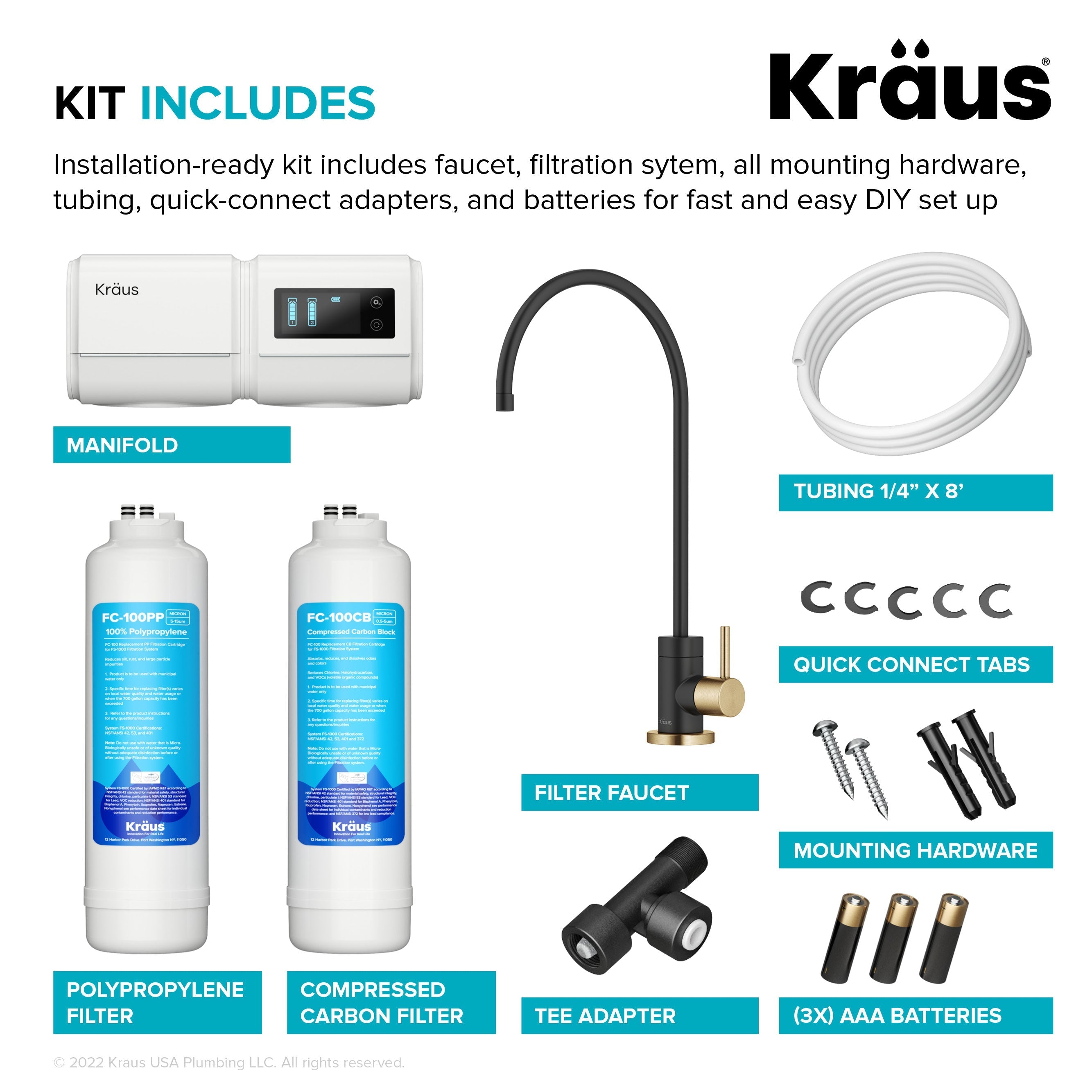 KRAUS Purita 2-Stage Under-Sink Filtration System with Single Handle Drinking Water Filter Faucet in Brushed Brass and Black-FS-1000-FF-100BBMB