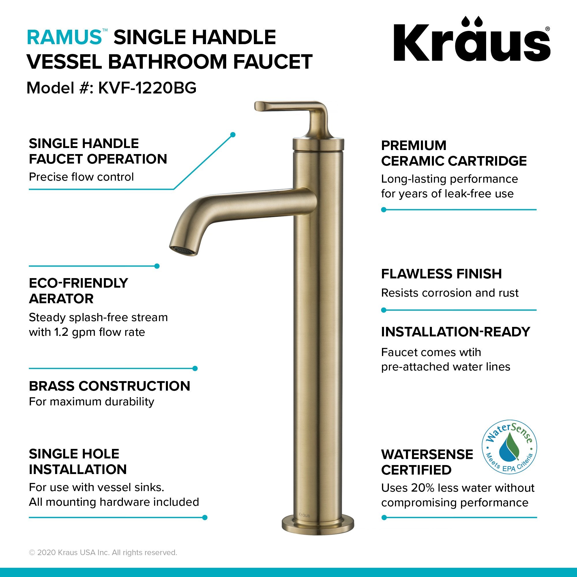 KRAUS Ramus Single Handle Vessel Bathroom Sink Faucet with Pop-Up Drain in Spot Free Brushed Gold KVF-1220BG | DirectSinks