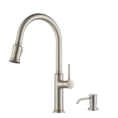 KRAUS Sellette Single Handle Pull Down Kitchen Faucet with Deck Plate and Soap Dispenser in Spot Free Stainless Steel KPF-1680SFS-KSD-80SFS | DirectSinks