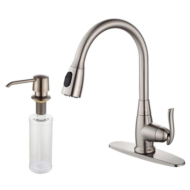 KRAUS Single Lever Pull Out Kitchen Faucet and Soap Dispenser in Satin Nickel KPF-2230-KSD-30SN | DirectSinks