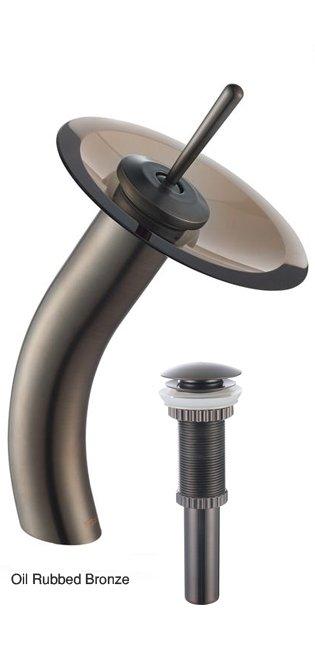 KRAUS Single Lever Vessel Glass Waterfall Bathroom Faucet and Matching Pop Up Drain in Oil Rubbed Bronze and Brown Clear KGW-1700-PU-10ORB-BRCL | DirectSinks