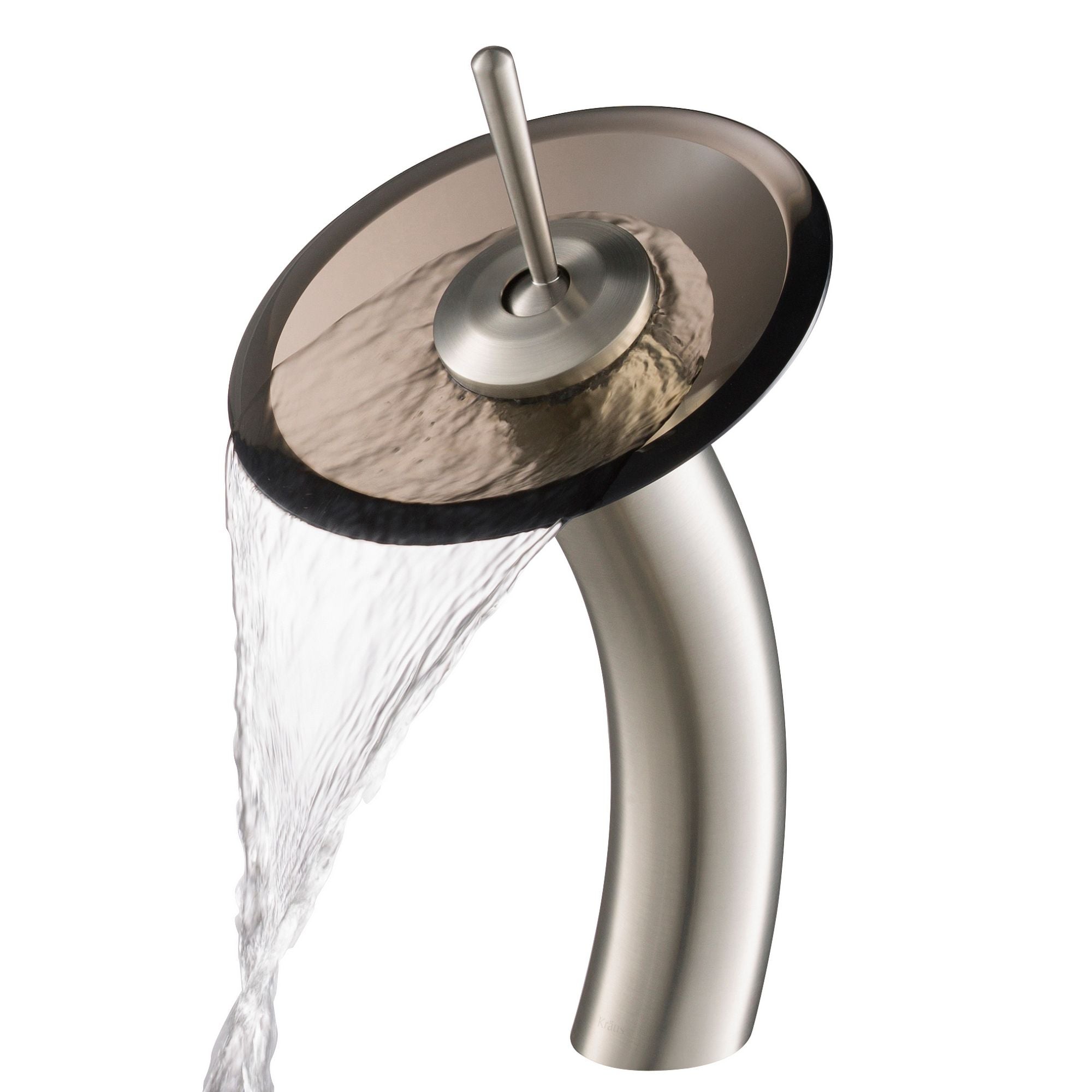 KRAUS Single Lever Waterfall Vessel Faucet with Glass Disk in Satin Nickel and Brown Clear KGW-1700SN-BRCL | DirectSinks