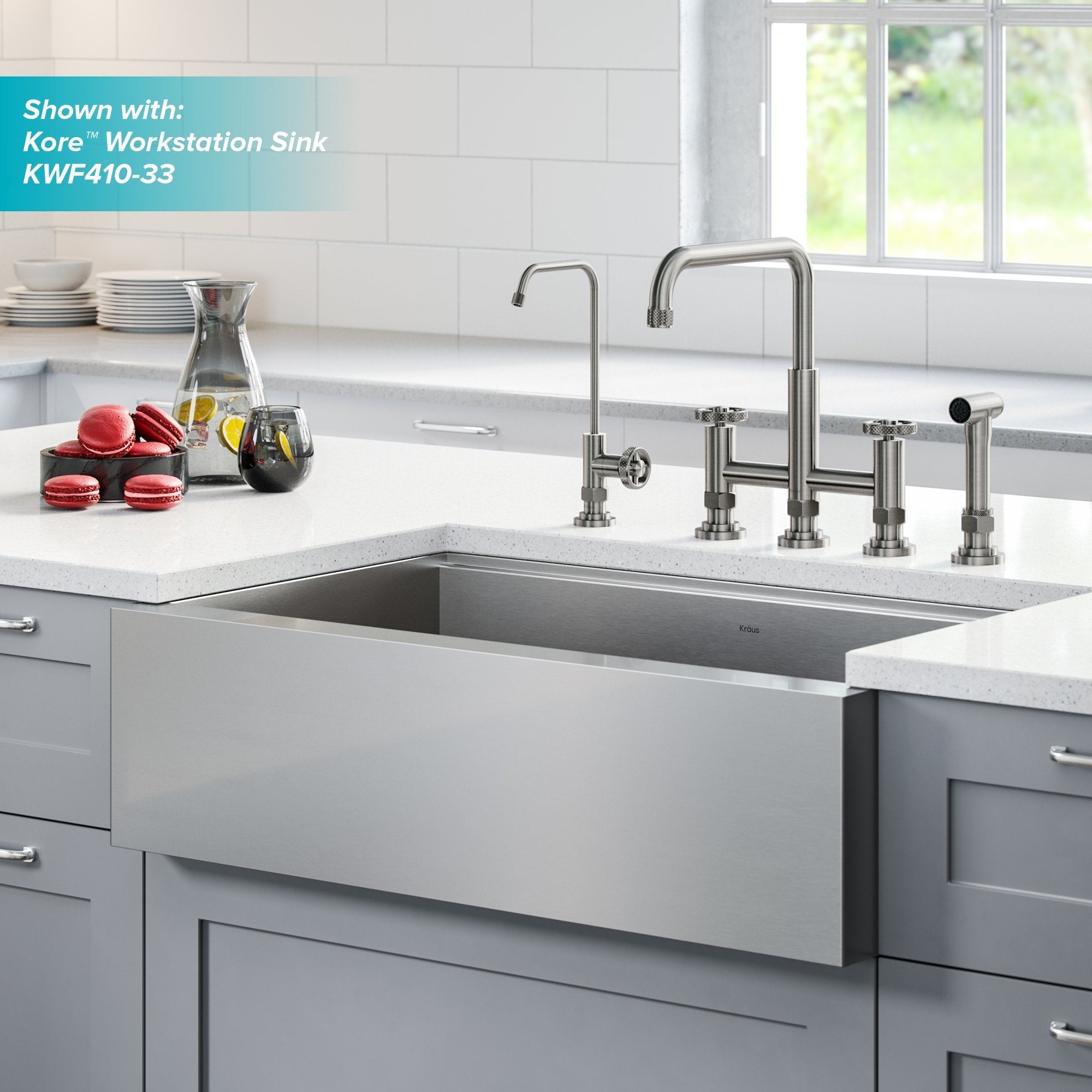 KRAUS Urbix Industrial Bridge Kitchen Faucet & Water Filter Faucet in Spot Free Stainless Steel KPF-3125-FF-101SFS | DirectSinks