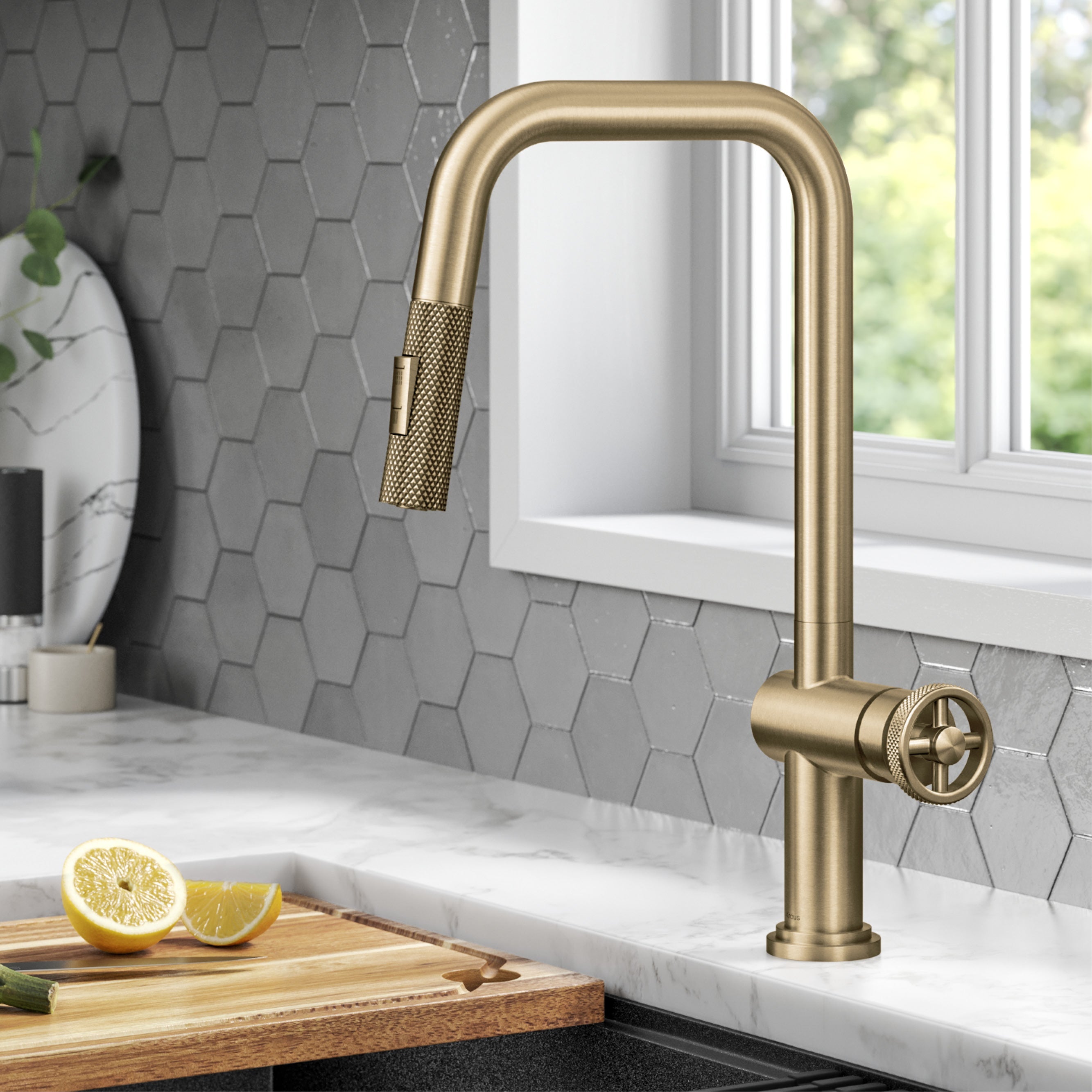 KRAUS Urbix Industrial Pull-Down Single Handle Kitchen Faucet in Brushed Gold-Kitchen Faucets-DirectSinks