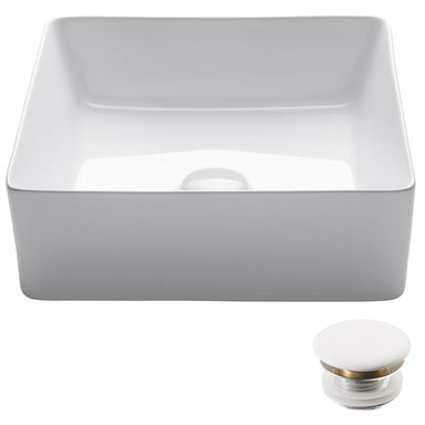 KRAUS Viva„¢ Square White Porcelain Ceramic Vessel Bathroom Sink with Pop-Up Drain, 15 5/8L x 15 5/8W x 5 1/8H-Bathroom Sinks-KRAUS Fast Shipping