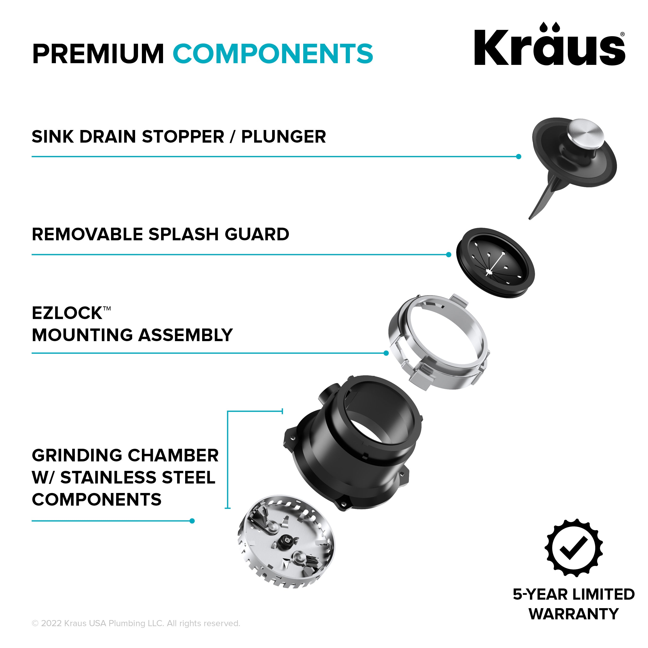 KRAUS WasteGuard High-Speed 1/2 HP Continuous Feed Ultra-Quiet Motor Garbage Disposal-Kitchen Accessories-DirectSinks