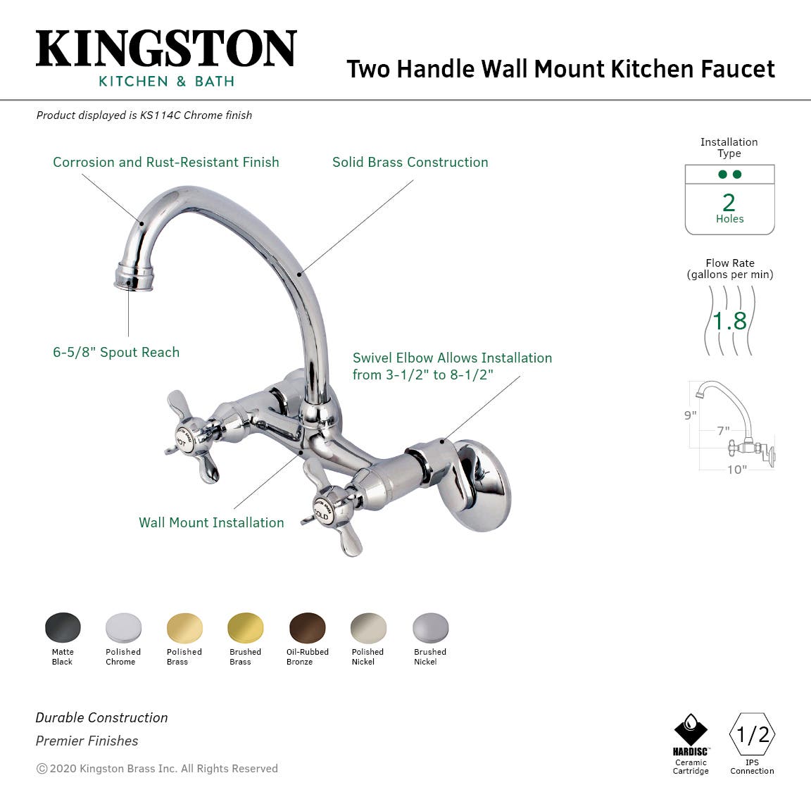 Kingston Brass KS114X-P Essex Two Handle Wall Mount Kitchen Faucet
