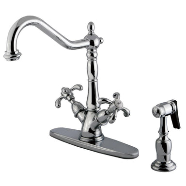 Kingston Brass French Country Double Handle Mono Deck Kitchen Faucet with Brass Sprayer-Kitchen Faucets-Free Shipping-Directsinks.