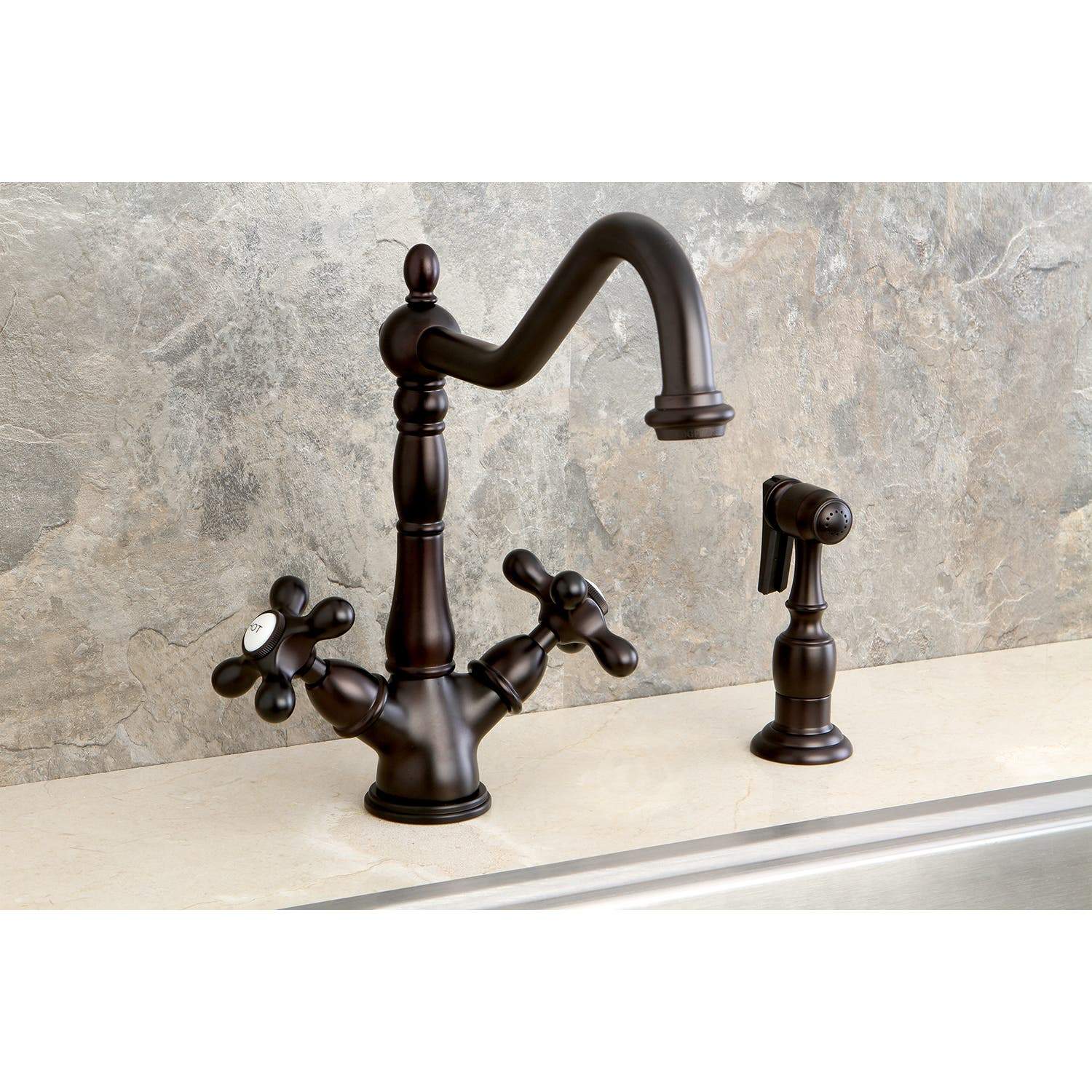 Kingston Brass KS1235AXBS Heritage Deck Mount Kitchen Faucet With Brass Sprayer, Oil Rubbed Bronze