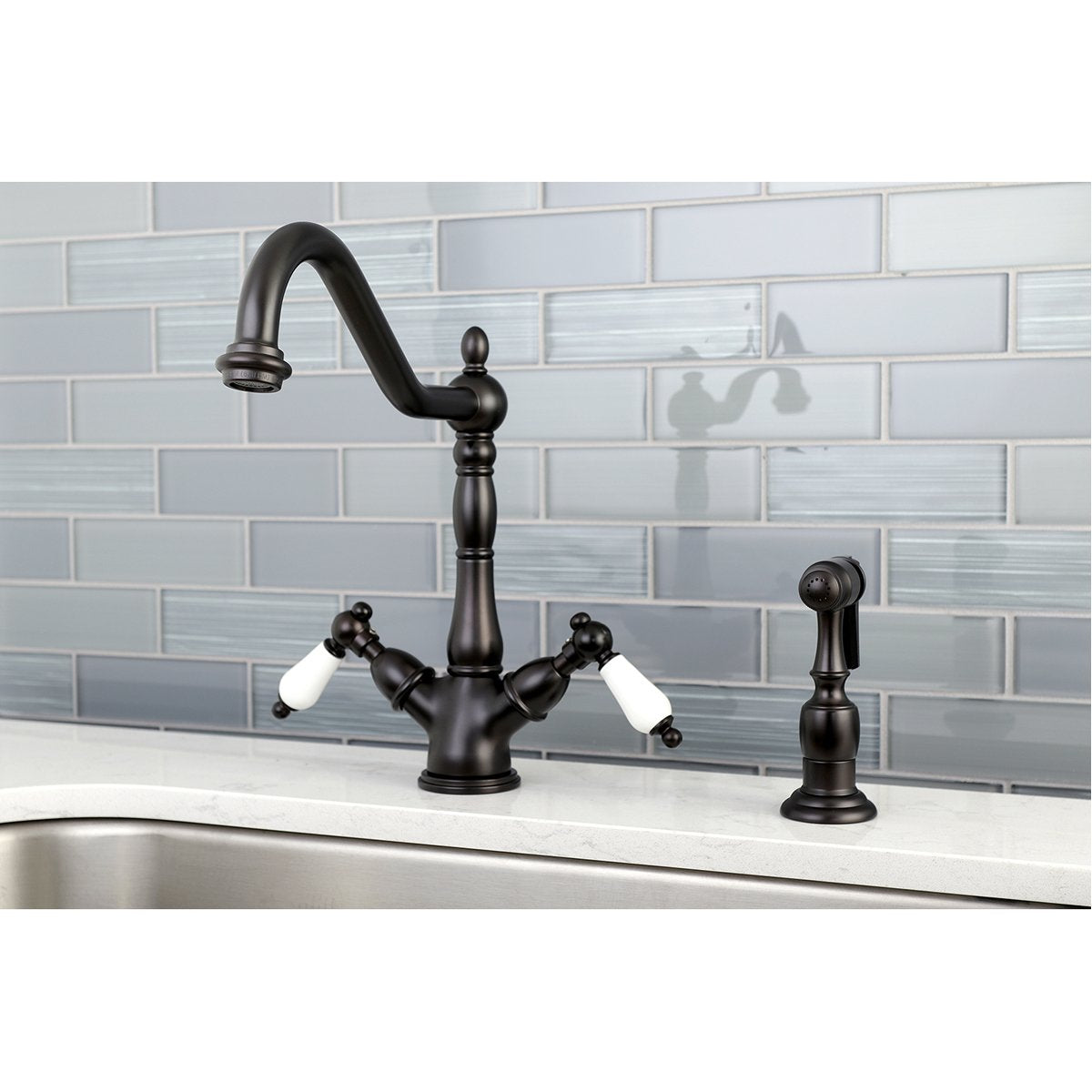 Kingston Brass Heritage 2-Handle Kitchen Faucet with Brass Sprayer and 8-Inch Plate
