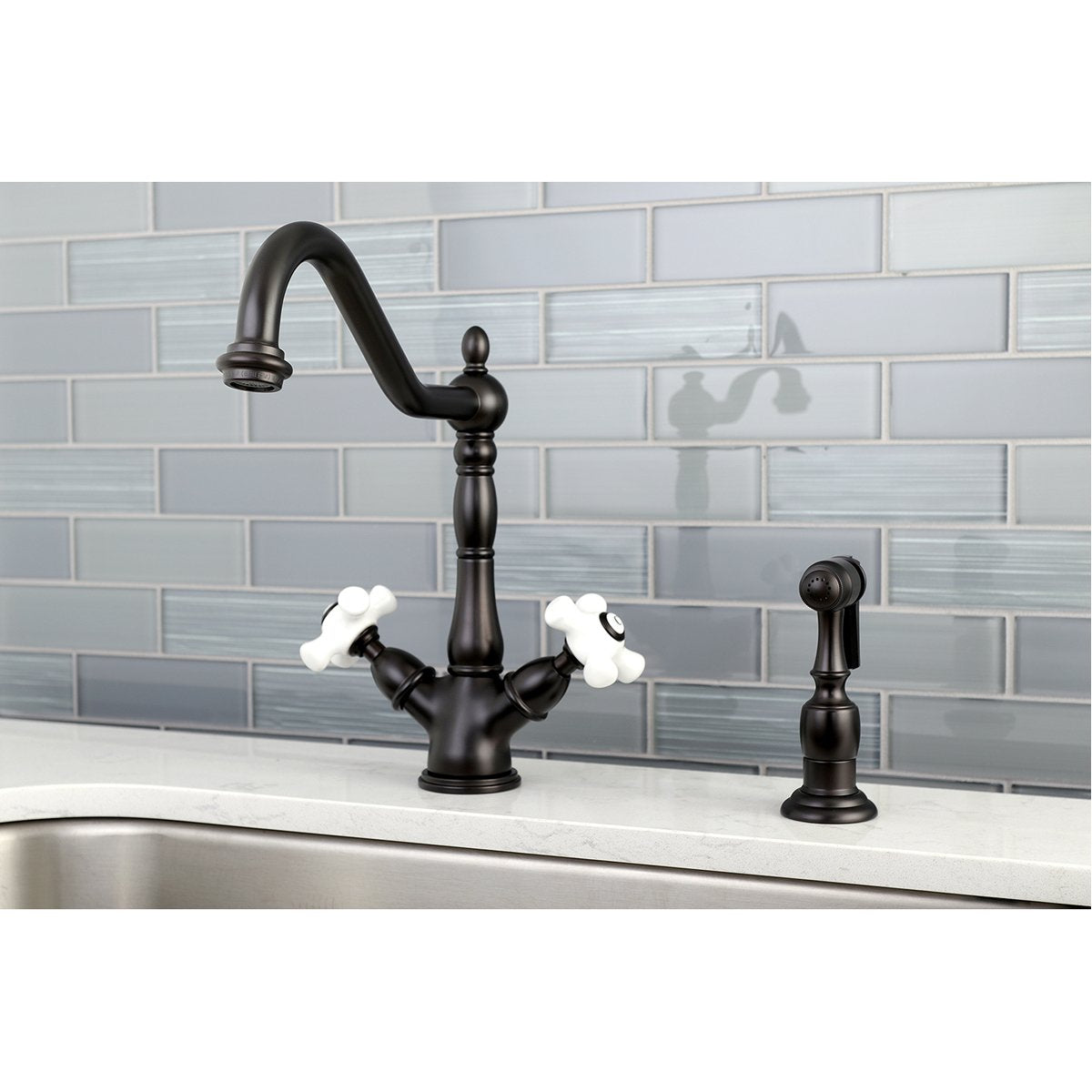 Kingston Brass Heritage Deck Mount 2-Handle Kitchen Faucet with Brass Sprayer and 8-Inch Plate