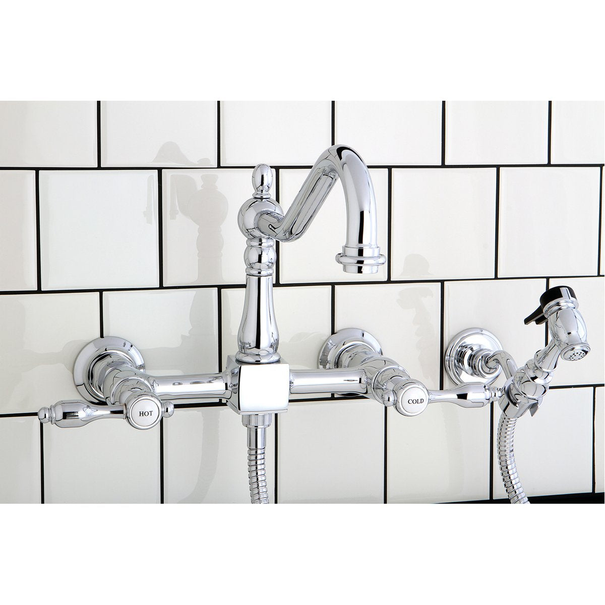 Kingston Brass Tudor 8-Inch Centerset Wall Mount Kitchen Faucet with Brass Sprayer