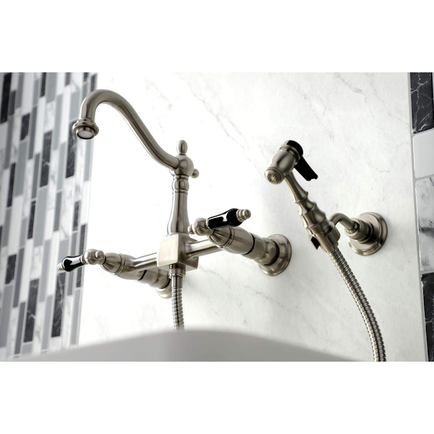 Kingston Brass KS126XPKLBS-P Duchess Wall Mount Bridge Kitchen Faucet with Brass Sprayer