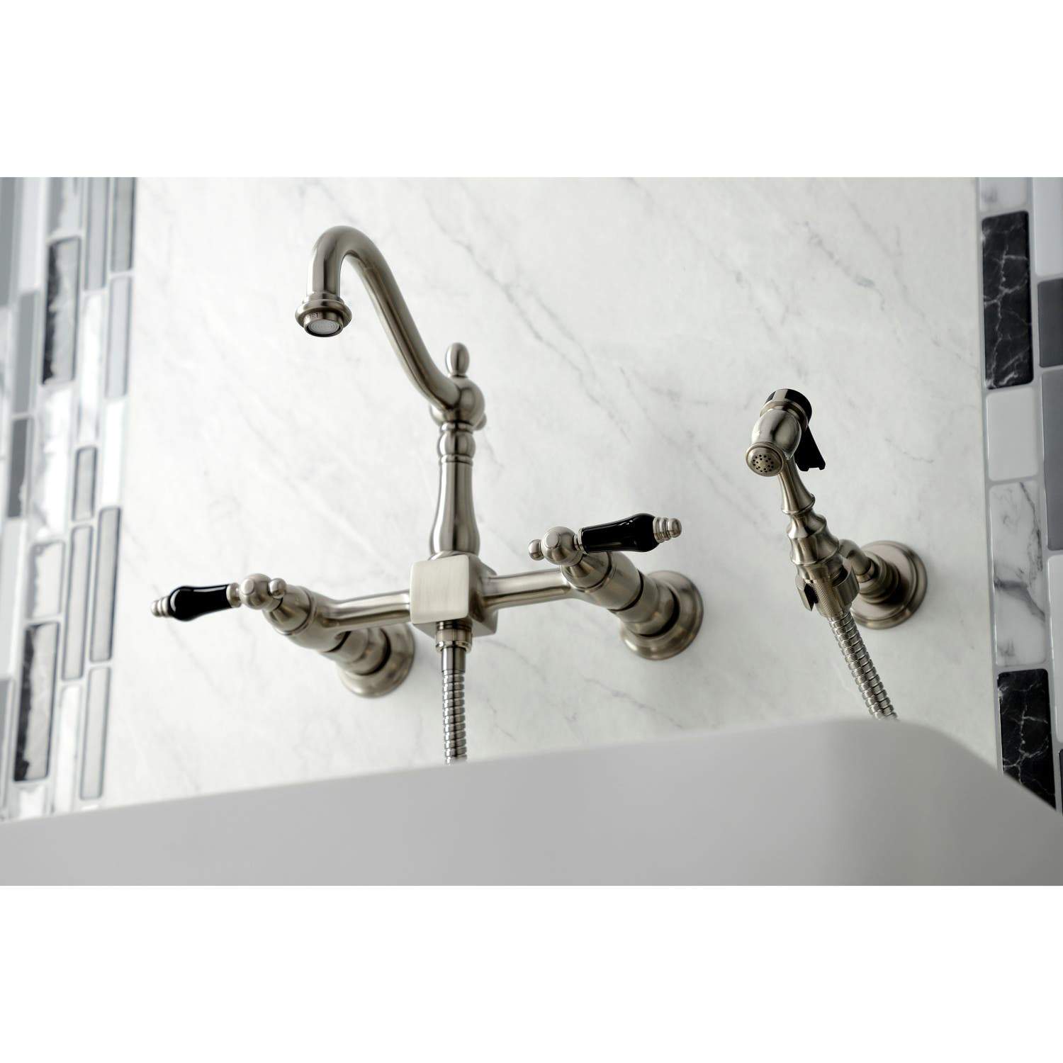 Kingston Brass KS126XPKLBS-P Duchess Wall Mount Bridge Kitchen Faucet with Brass Sprayer