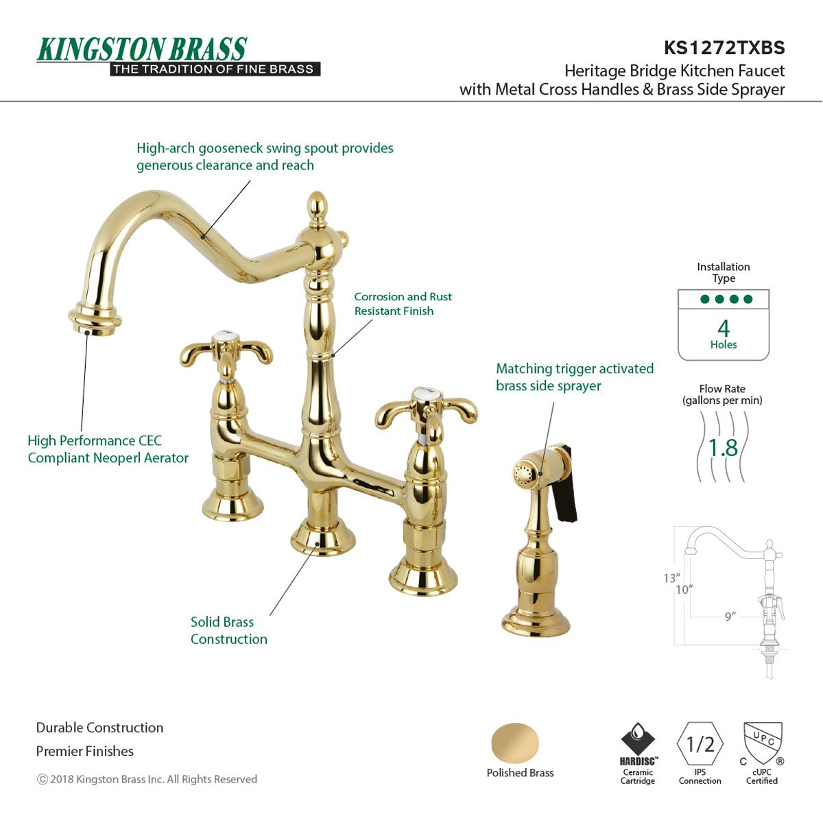 Kingston Brass French Country Kitchen Bridge Faucet with Brass Sprayer