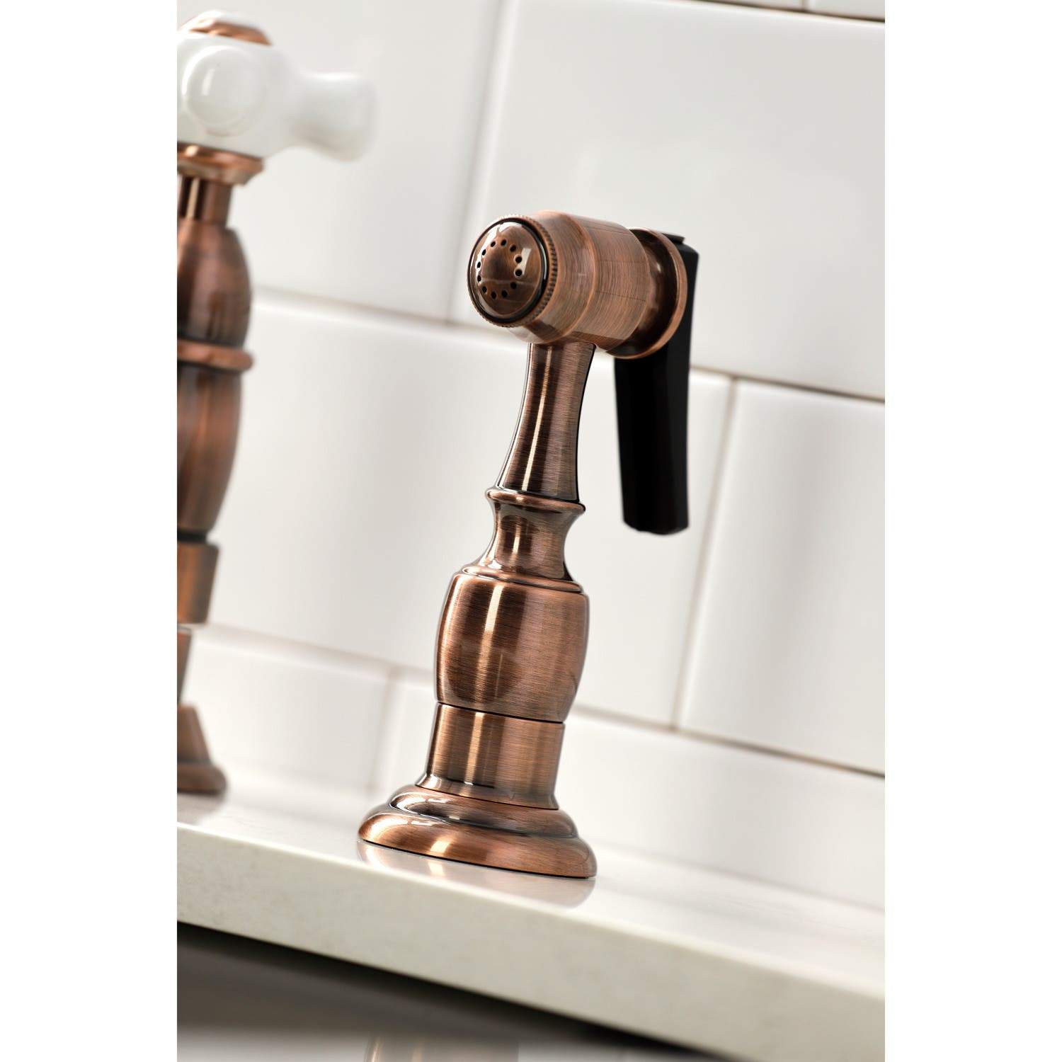 Kingston Brass KS127PXBSAC Heritage Bridge Kitchen Faucet with Brass Sprayer, Antique Copper