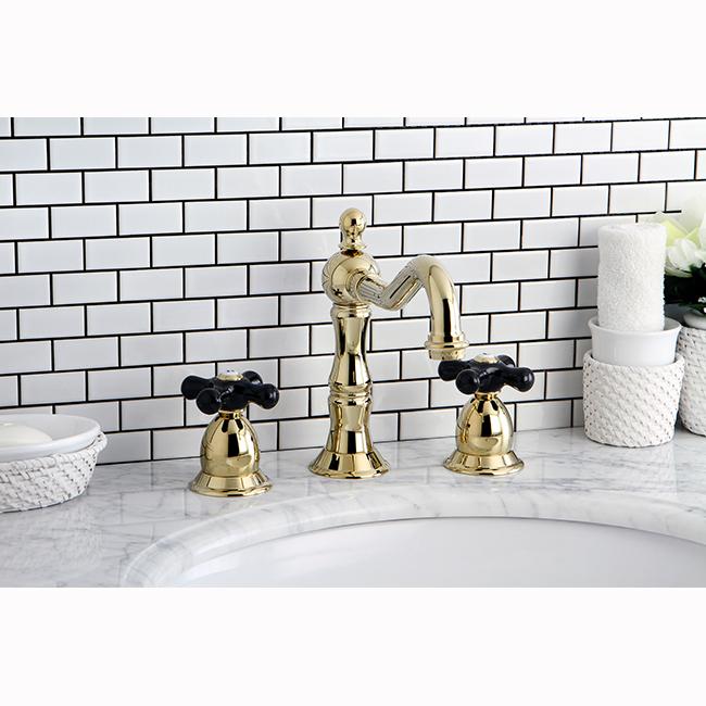 Kingston Brass Heritage Onyx Widespread Solid Brass Lavatory Faucet with Black Porcelain Cross Handle-Bathroom Faucets-Free Shipping-Directsinks.