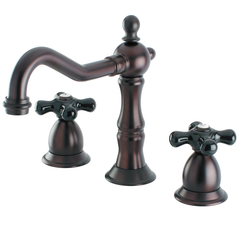 Kingston Brass Heritage Onyx Widespread Solid Brass Lavatory Faucet with Black Porcelain Cross Handle-Bathroom Faucets-Free Shipping-Directsinks.