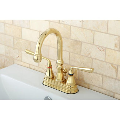 Kingston Brass Silver Sage Two Handle 4" Centerset Lavatory Faucet with Brass Pop-up in Polished Brass-Bathroom Faucets-Free Shipping-Directsinks.