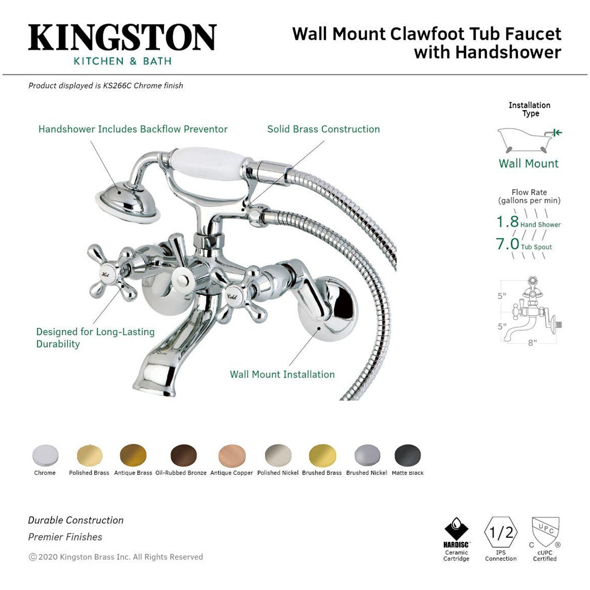 Kingston Brass Kingston Wall Mount Clawfoot Tub Faucet with Hand Shower