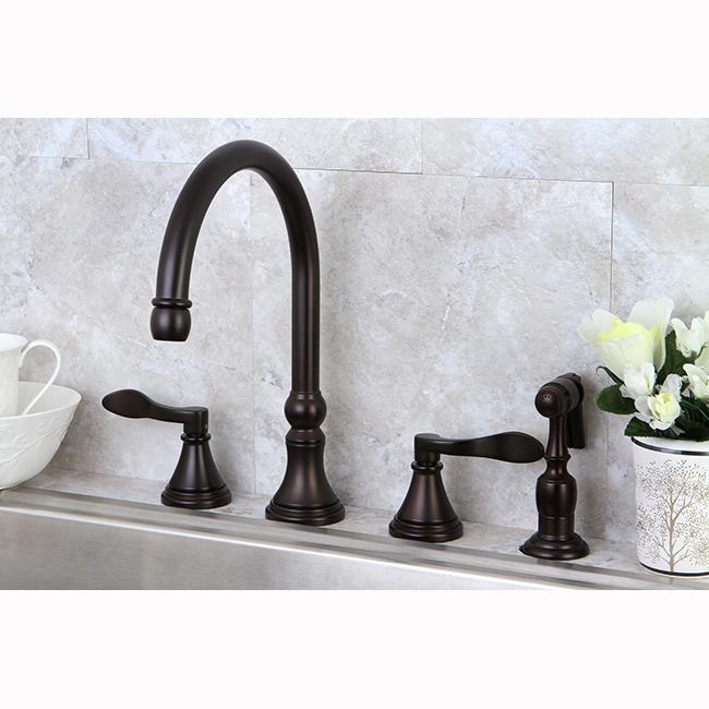 Kingston Brass Nu French Double Handle 8" Deck Mount Kitchen Faucet with Brass Sprayer-Kitchen Faucets-Free Shipping-Directsinks.