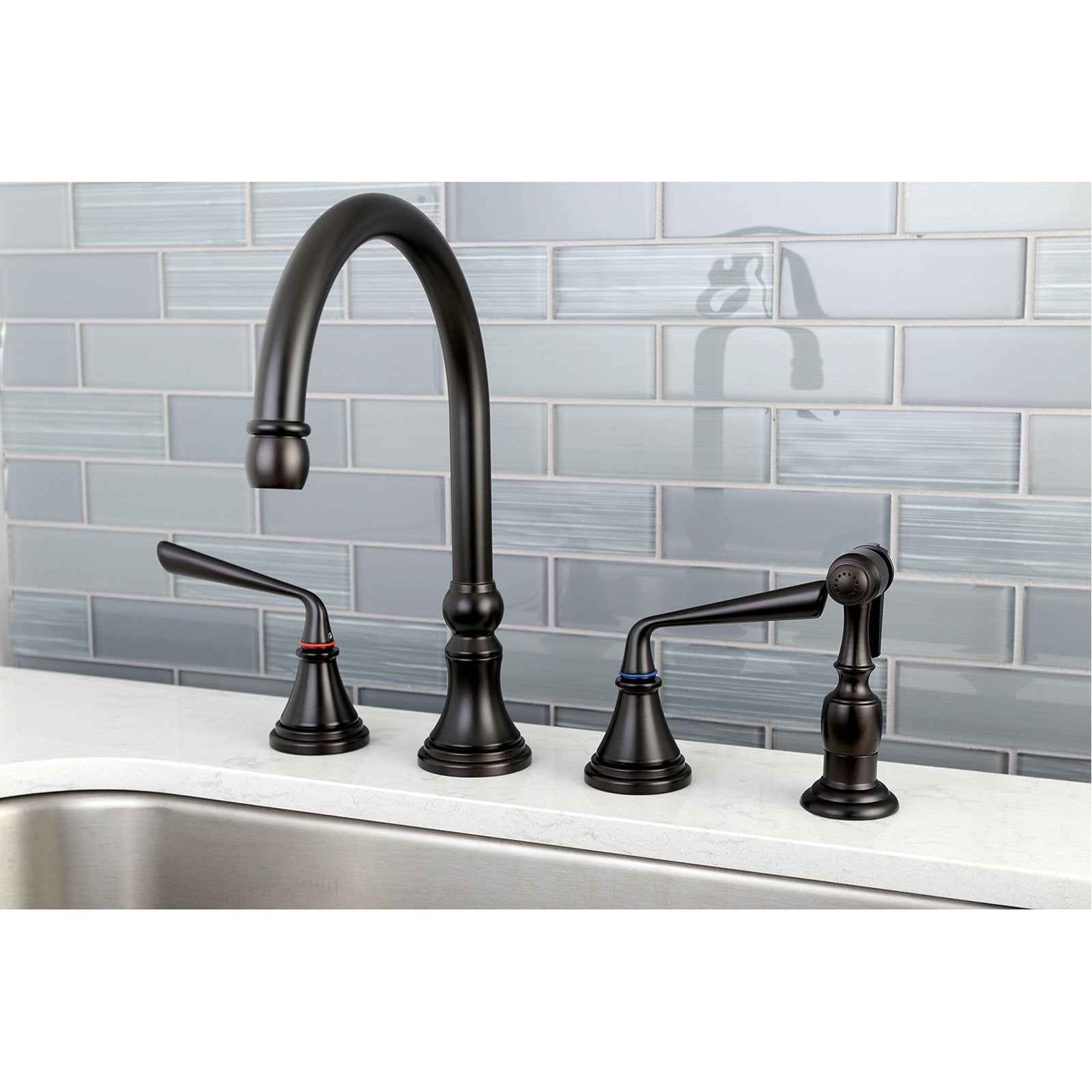 Kingston Brass Silver Sage 8" Deck Mount Kitchen Faucet with Brass Sprayer-Kitchen Faucets-Free Shipping-Directsinks.
