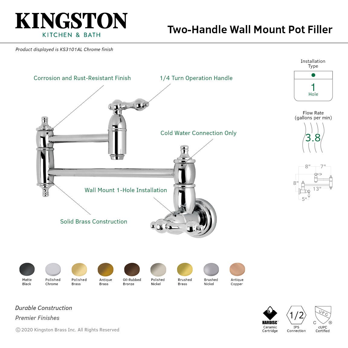 Kingston Brass KS310ALAC Restoration Wall Mount Pot Filler Kitchen Faucet, Antique Copper