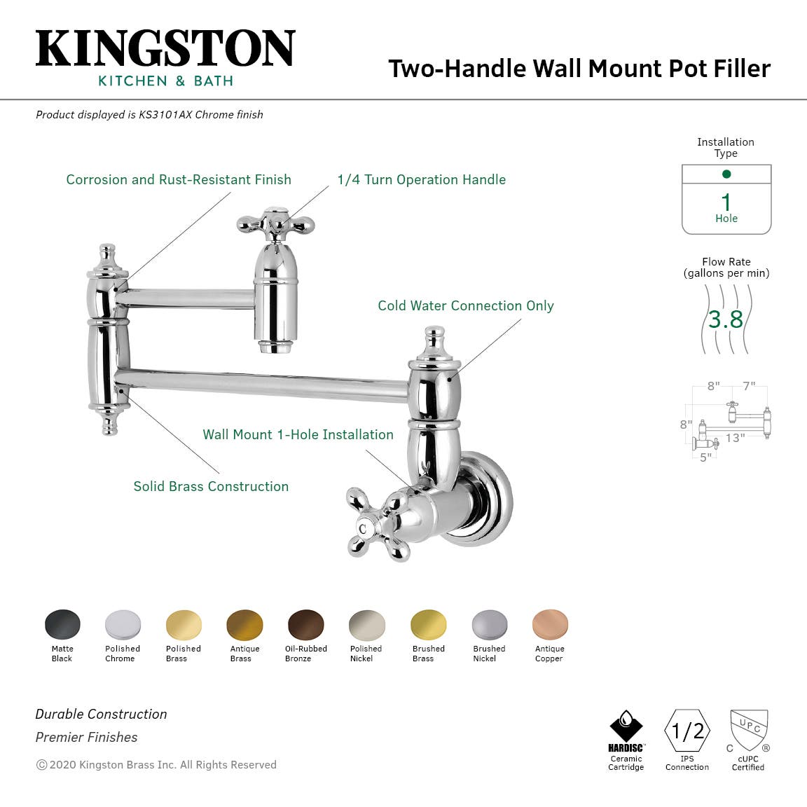 Kingston Brass KS310AXAC Restoration Wall Mount Pot Filler Kitchen Faucet, Antique Copper