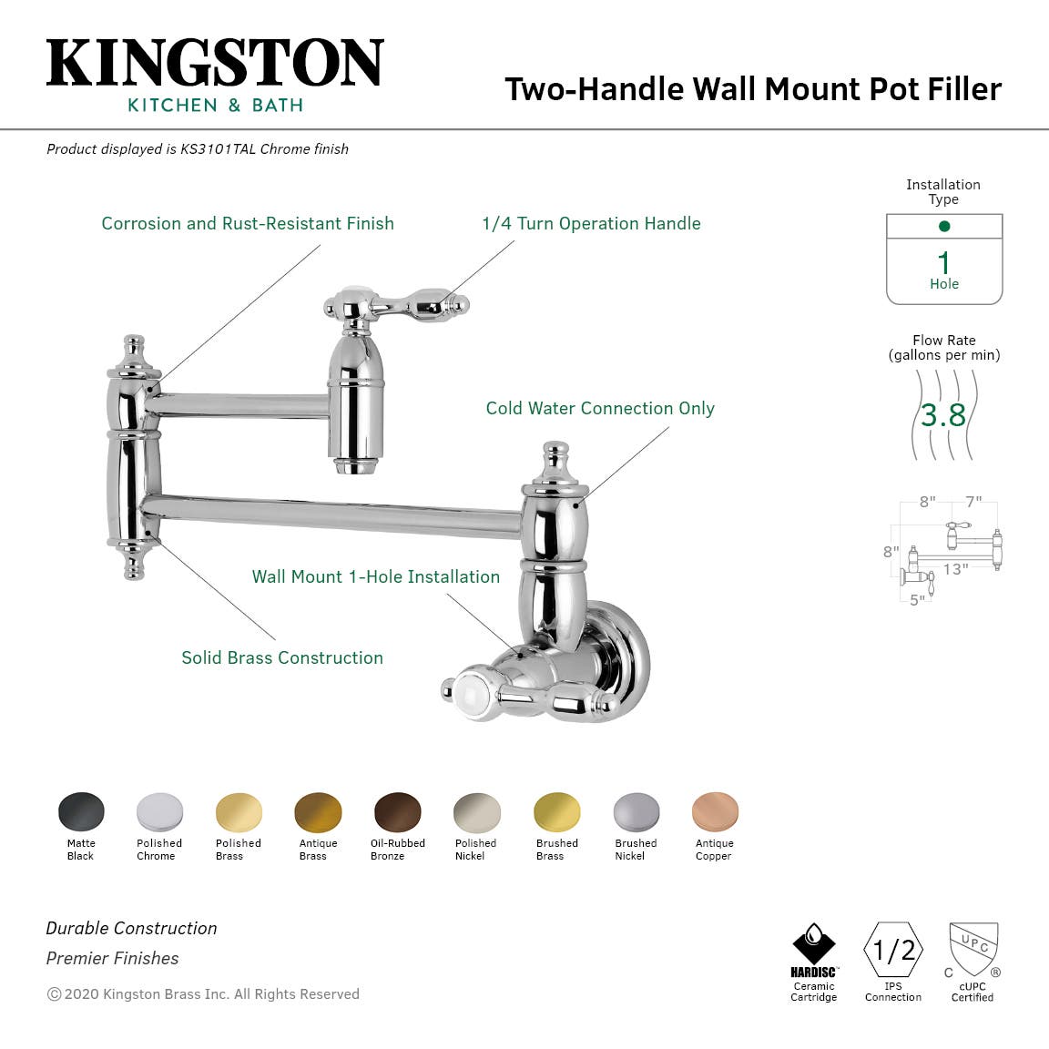 Kingston Brass KS310TALAC Tudor Wall Mount Pot Filler Kitchen Faucet, Antique Copper