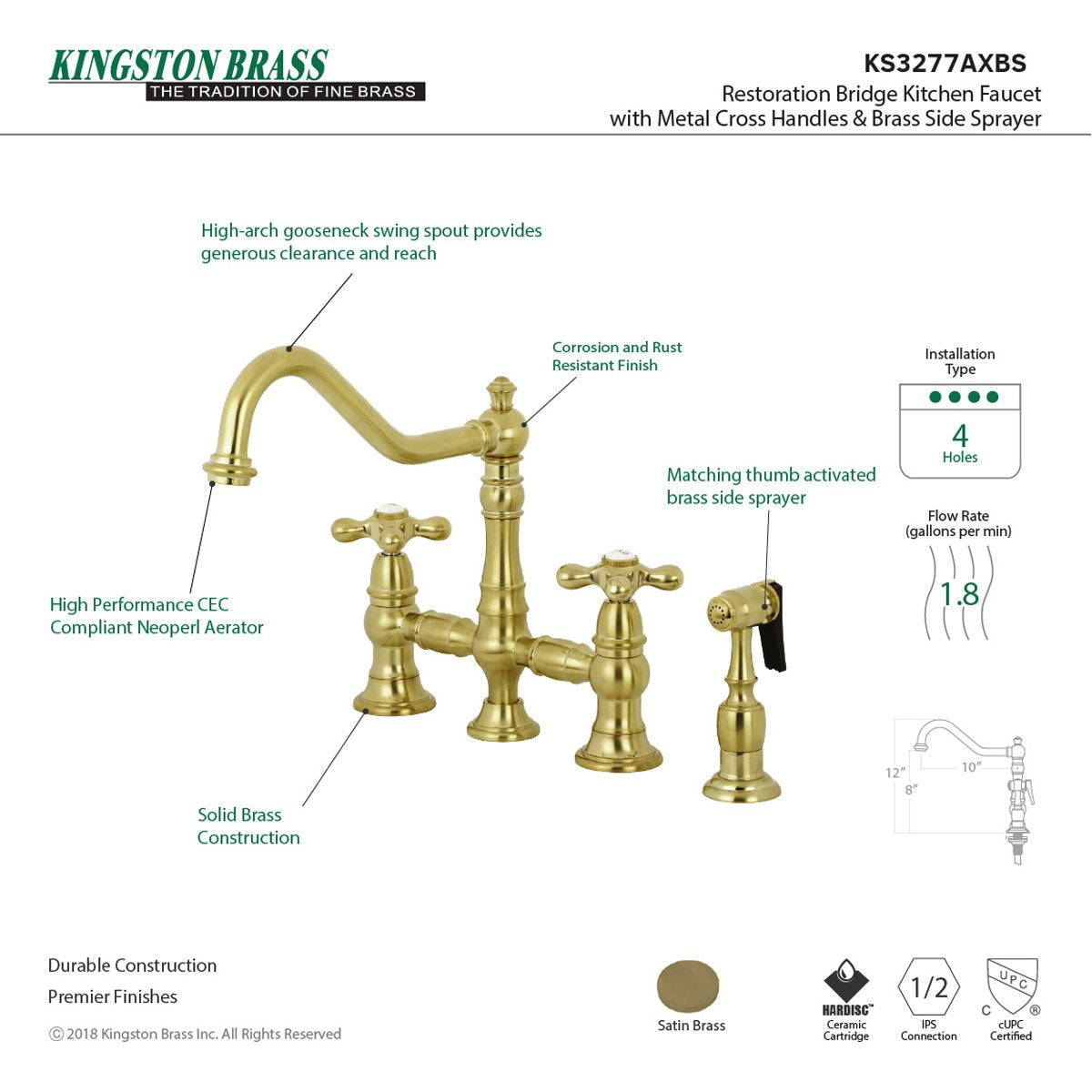 Kingston Brass Restoration 8" Bridge Kitchen Faucet with Sprayer