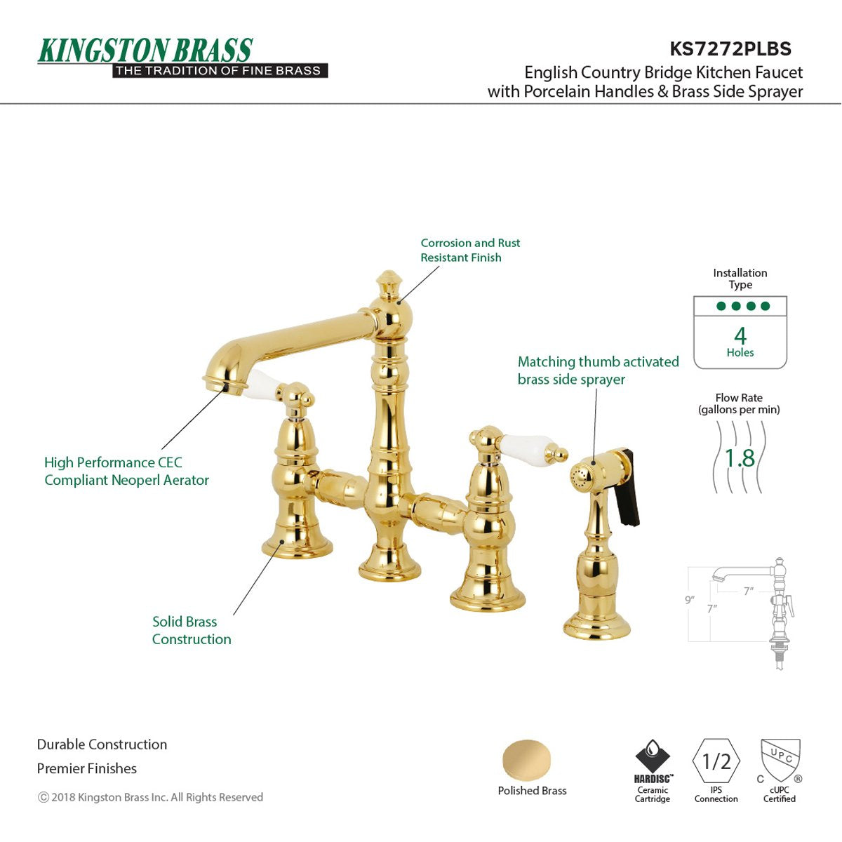 Kingston Brass English Country 4-Hole 8" Bridge Kitchen Faucet with Sprayer
