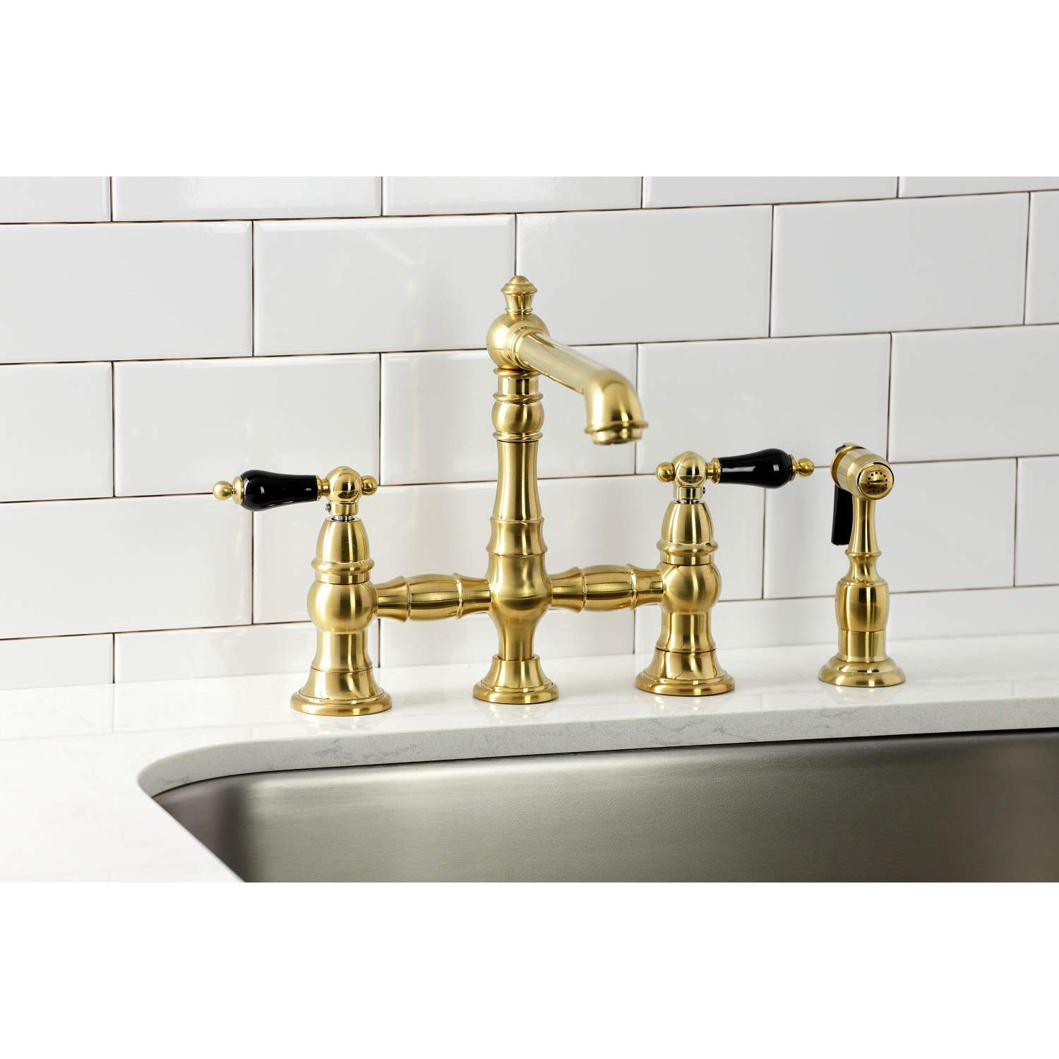 Kingston Brass KS727XPKLBS-P Duchess Bridge Kitchen Faucet with Brass Sprayer