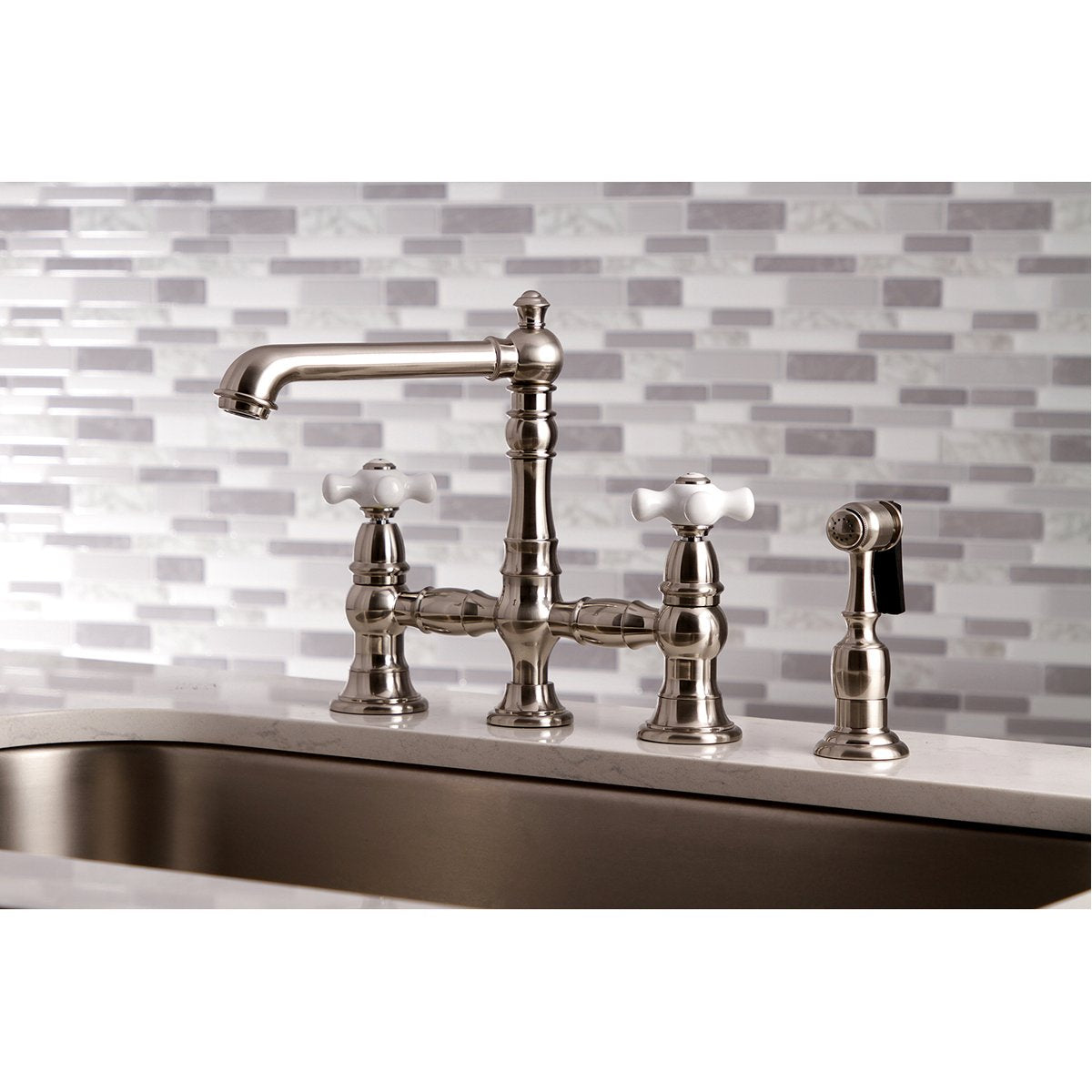 Kingston Brass English Country 8" Bridge 4-Hole Kitchen Faucet with Sprayer