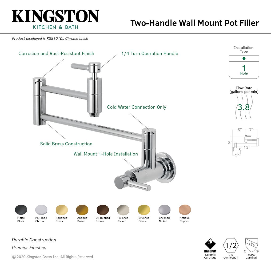 Kingston Brass KS810DLAC Concord Wall Mount Pot Filler Kitchen Faucet, Antique Copper