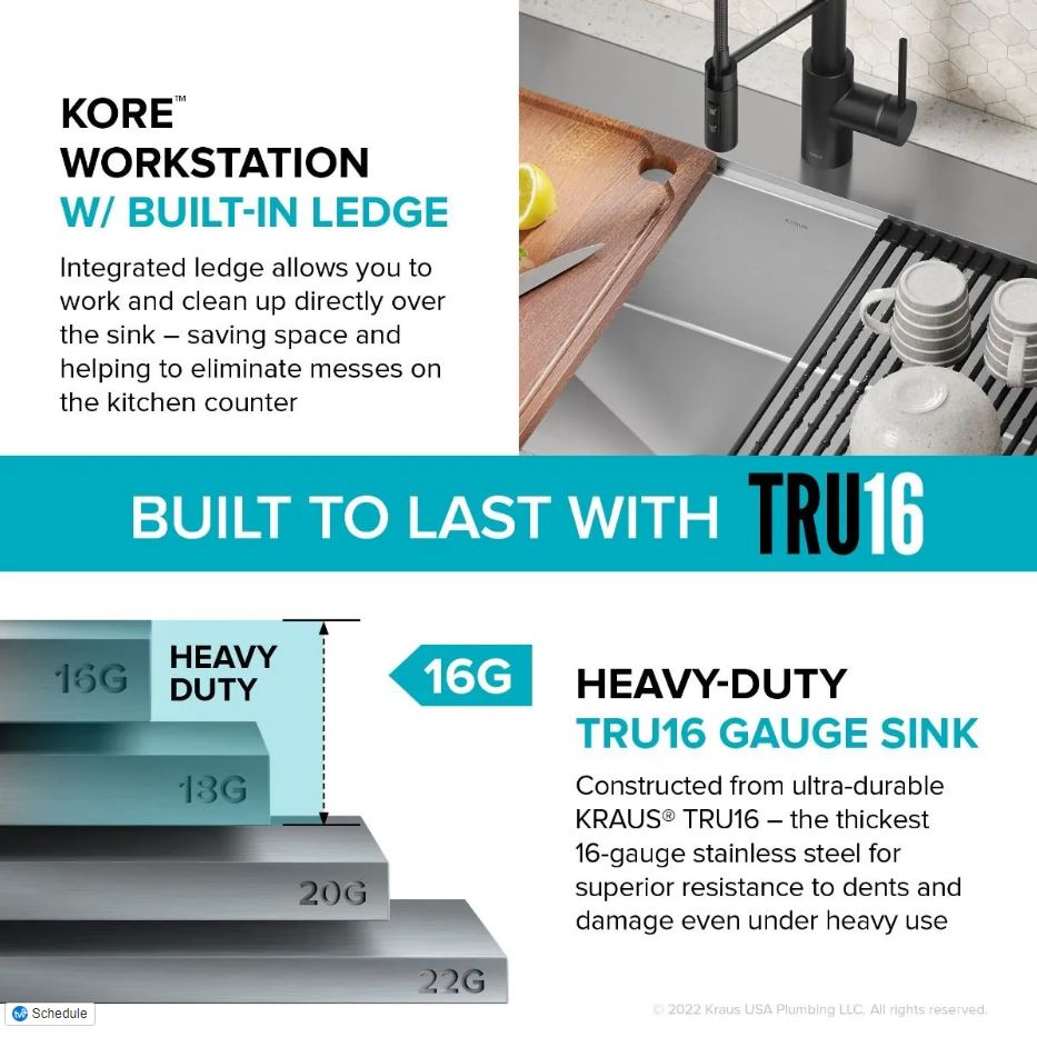 kRAUS Kore 33" Drop-In Workstation 16 Gauge Stainless Steel Single Bowl Kitchen Sink with Accessories. kwt330-33