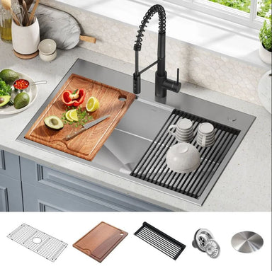 kRAUS Kore 33" Drop-In Workstation 16 Gauge Stainless Steel Single Bowl Kitchen Sink with Accessories. kwt330-33