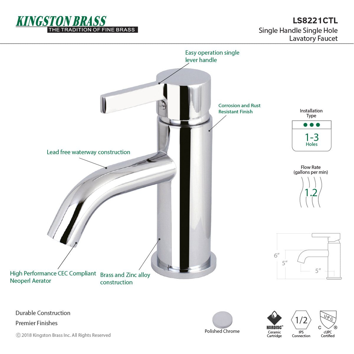 Kingston Brass Fauceture Continental Single-Handle Single Hole Bathroom Faucet