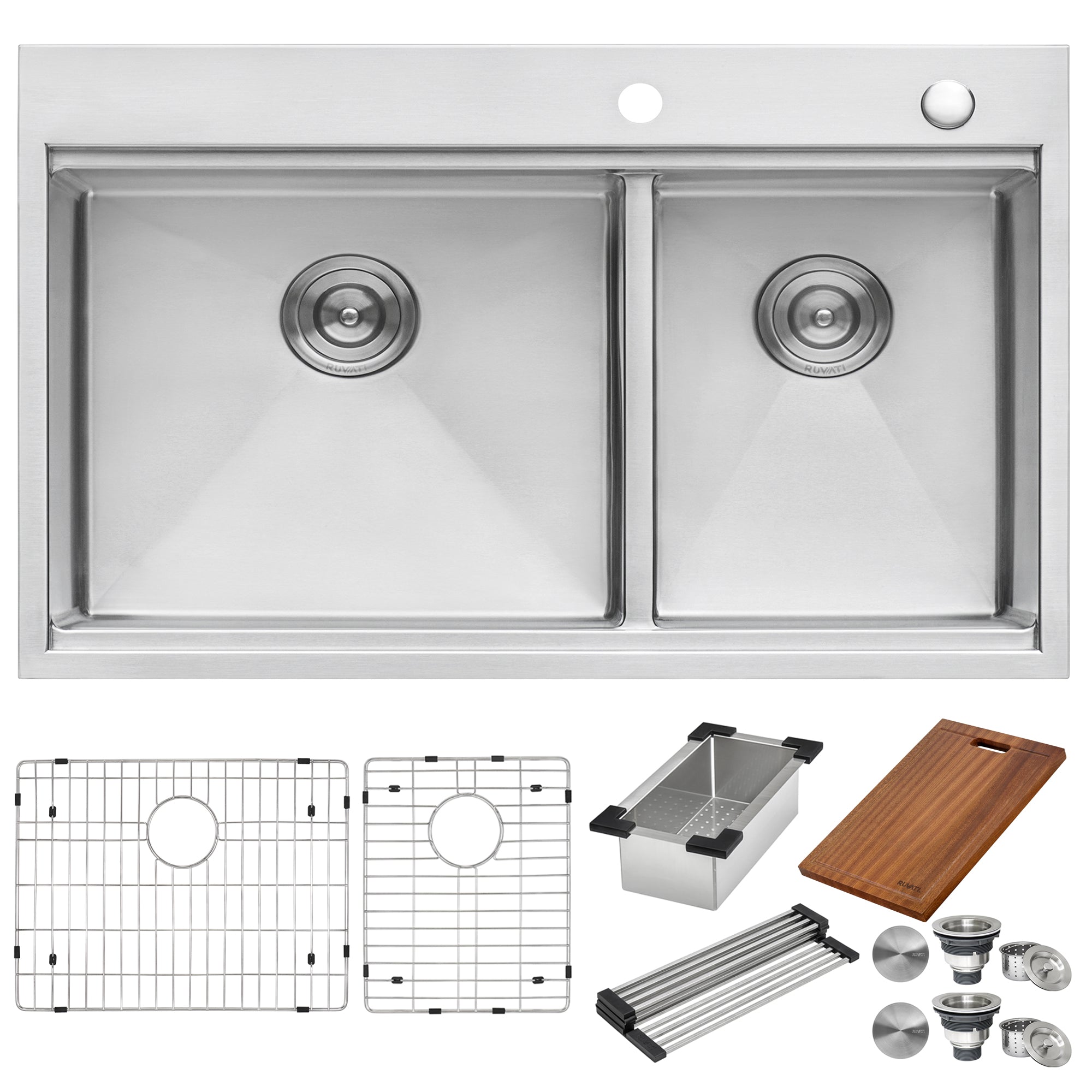 Ruvati 33 x 22" Workstation Drop-in 60/40 Double Bowl Topmount Tight Radius 16 Gauge Stainless Steel Ledge Kitchen Sink