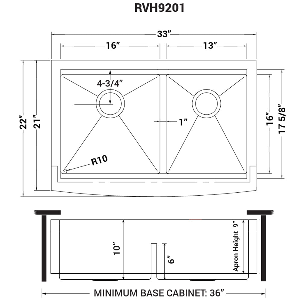 Ruvati 33" Apron-front Workstation Low-Divide Double Bowl 60/40 Farmhouse 16 Gauge Stainless Steel Kitchen Sink