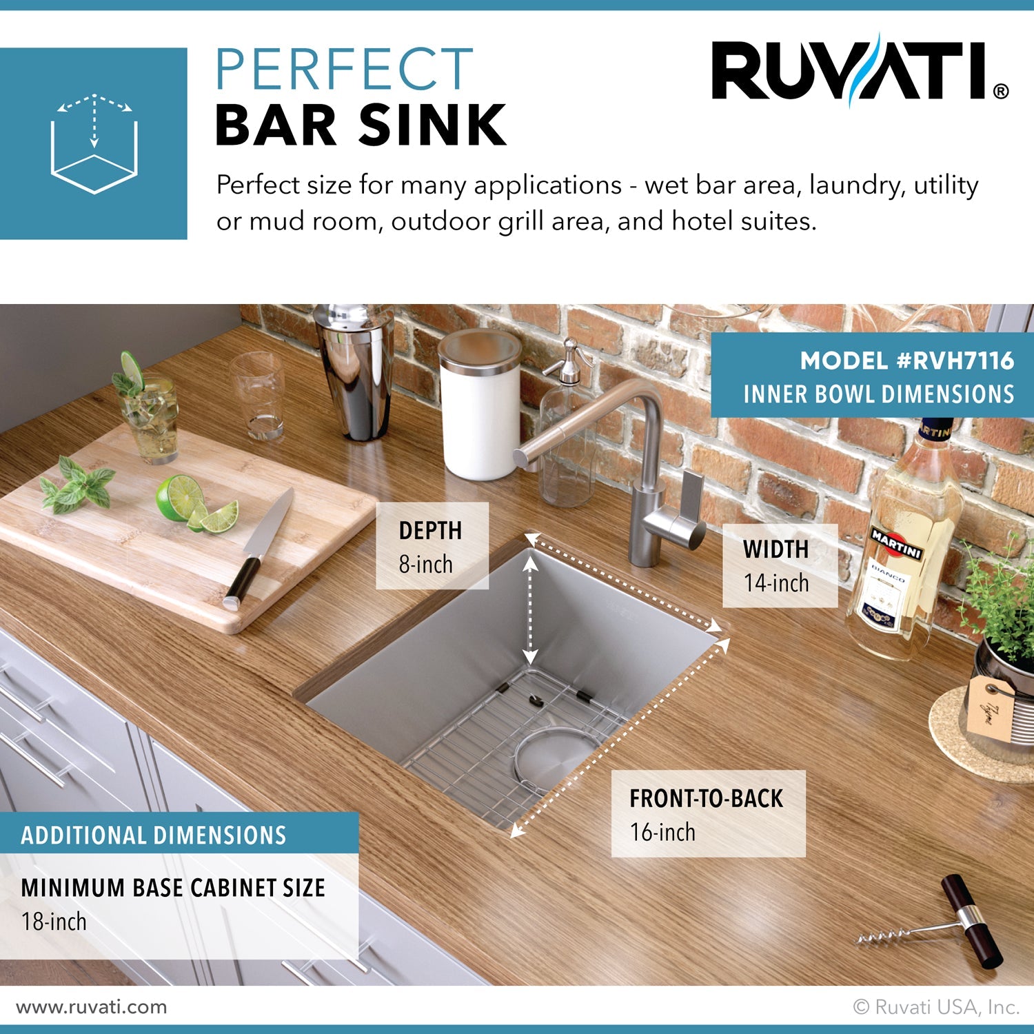 Ruvati RVH7116 16 x 18" Undermount Bar Prep Tight Radius 16 Gauge Stainless Steel Single Bowl Kitchen Sink