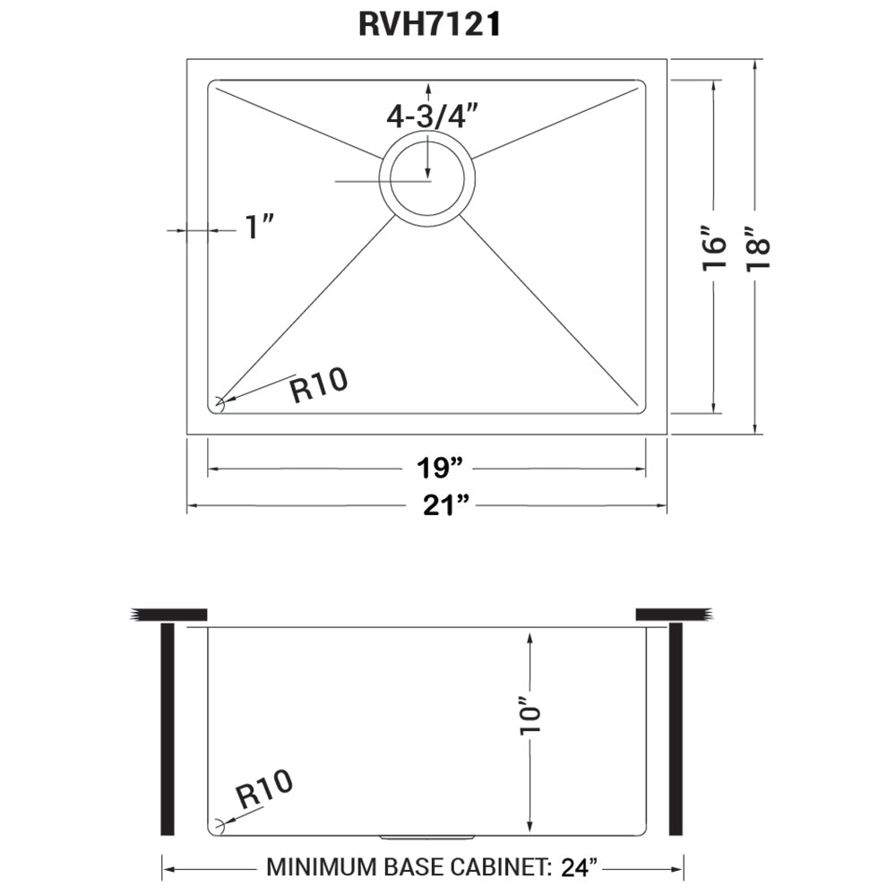Ruvati RVH7121 21" Undermount Tight Radius 16 Gauge Stainless Steel Single Bowl Bar Prep Kitchen Sink