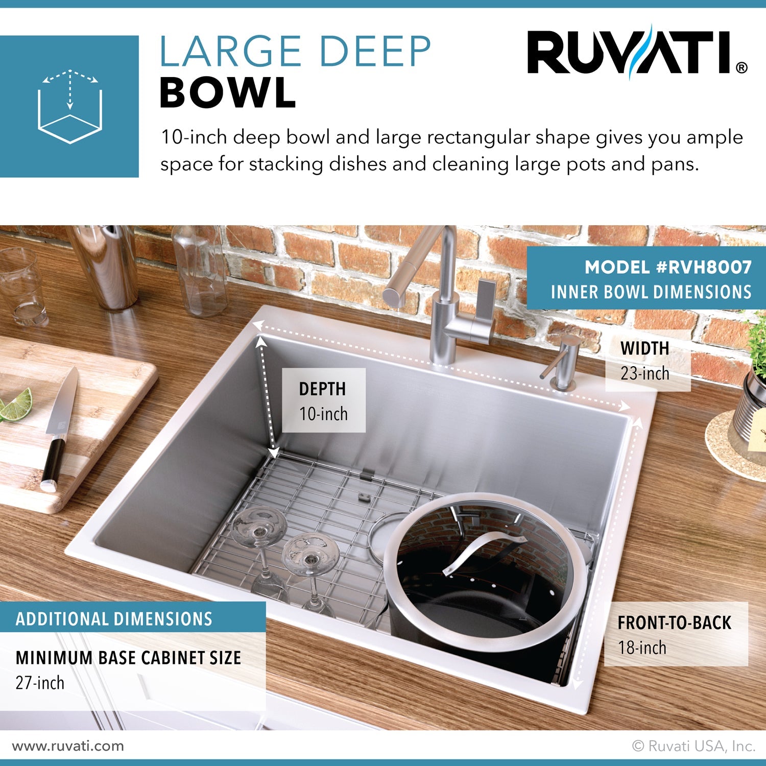 Ruvati RVH8007 25" Drop-in Tight Radius Topmount 16 Gauge Stainless Steel Single Bowl Kitchen Sink