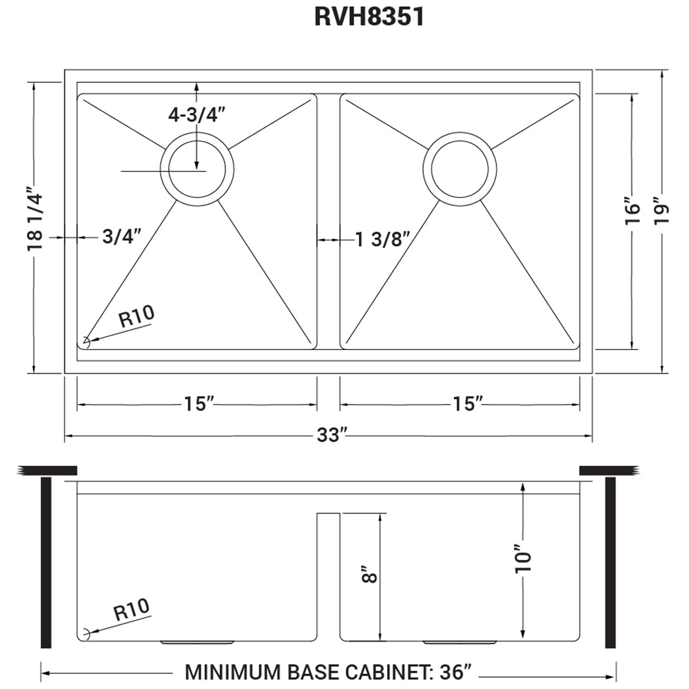 Ruvati RVH8351 33" Workstation Ledge Tight Radius 50/50 Double Bowl Undermount Kitchen Sink